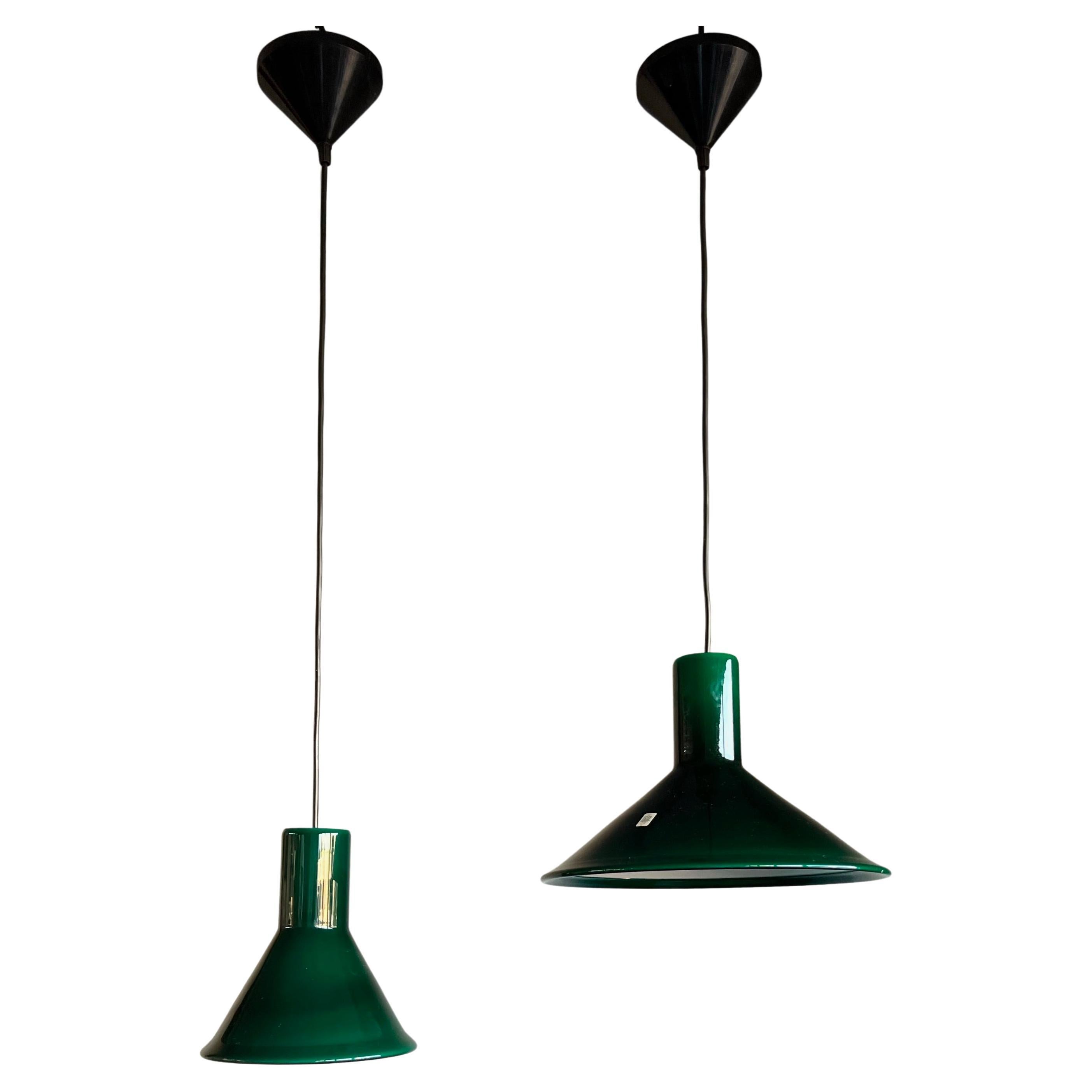 Set of Two Midcentury Made Green Glass Pendants by Michael Bang for Holmegaard For Sale