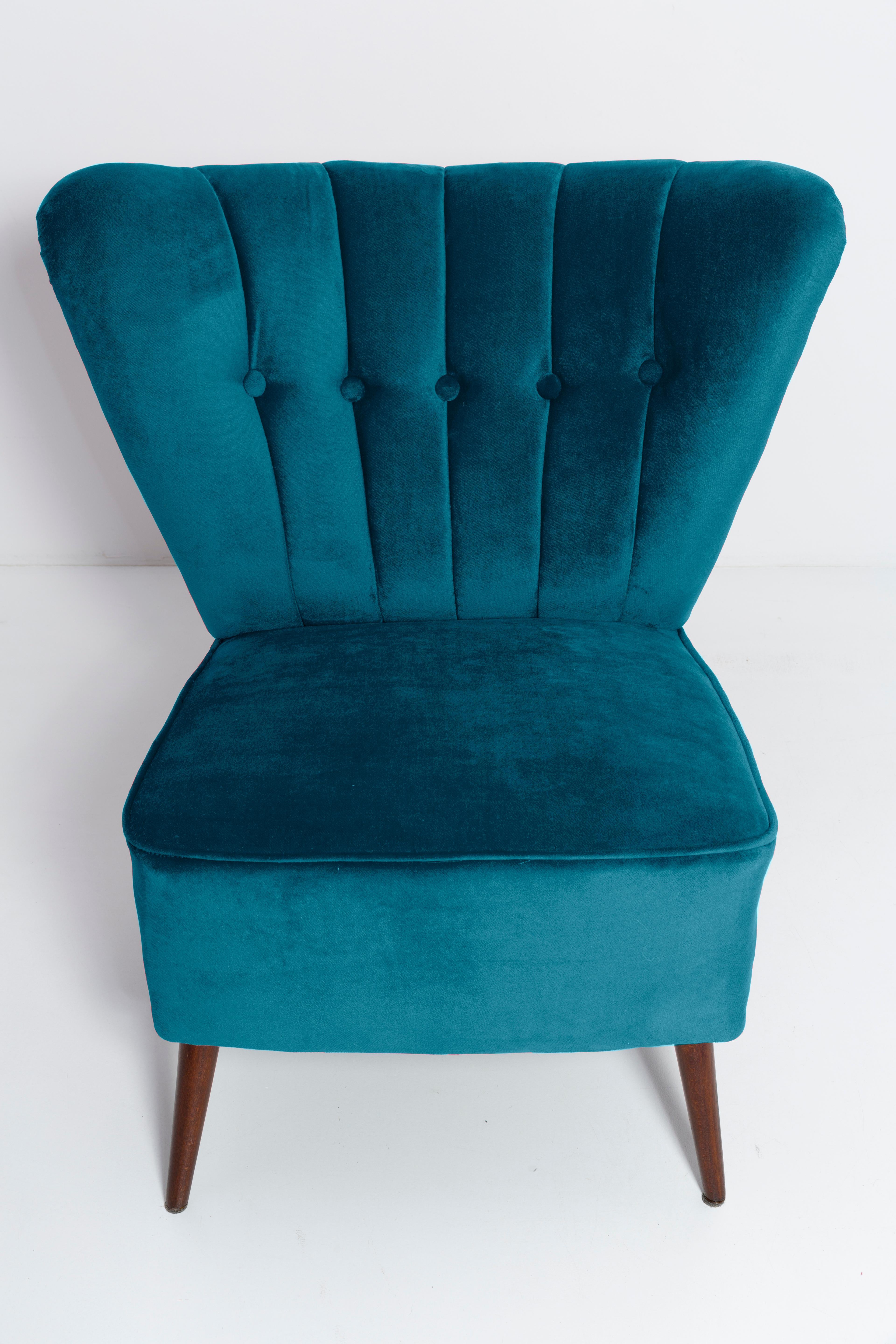 20th Century Set of Two Midcentury Petrol Blue Velvet Club Armchairs, Europe, 1960s For Sale