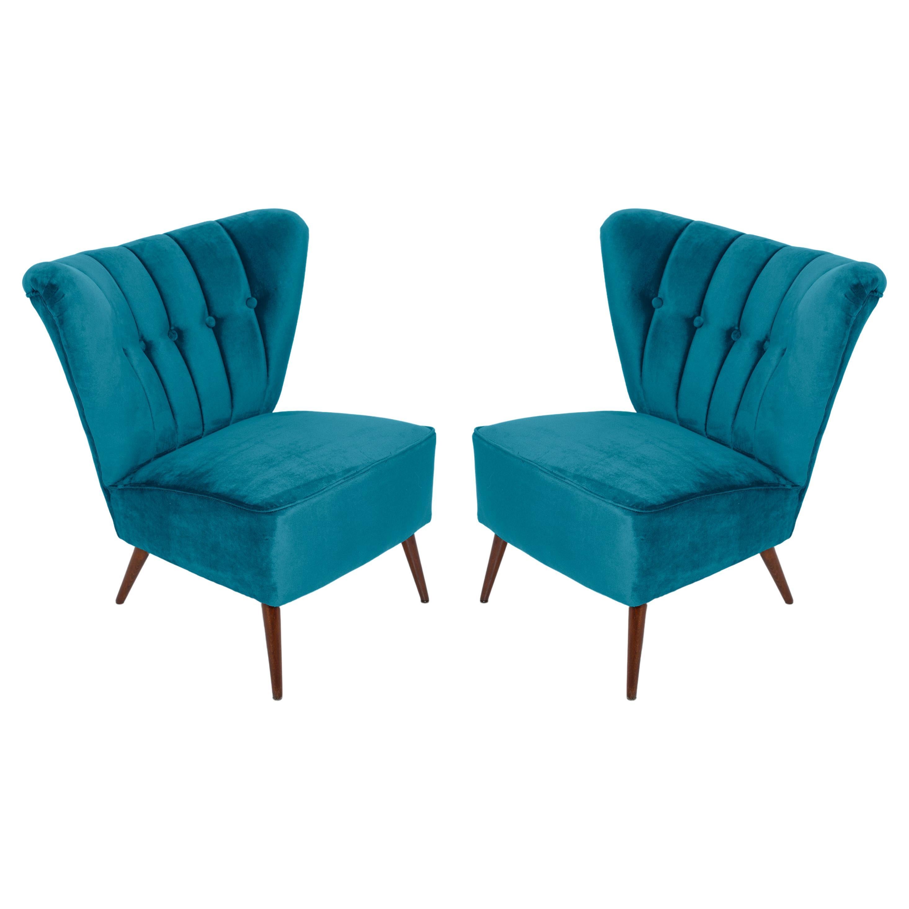Set of Two Midcentury Petrol Blue Velvet Club Armchairs, Europe, 1960s For Sale