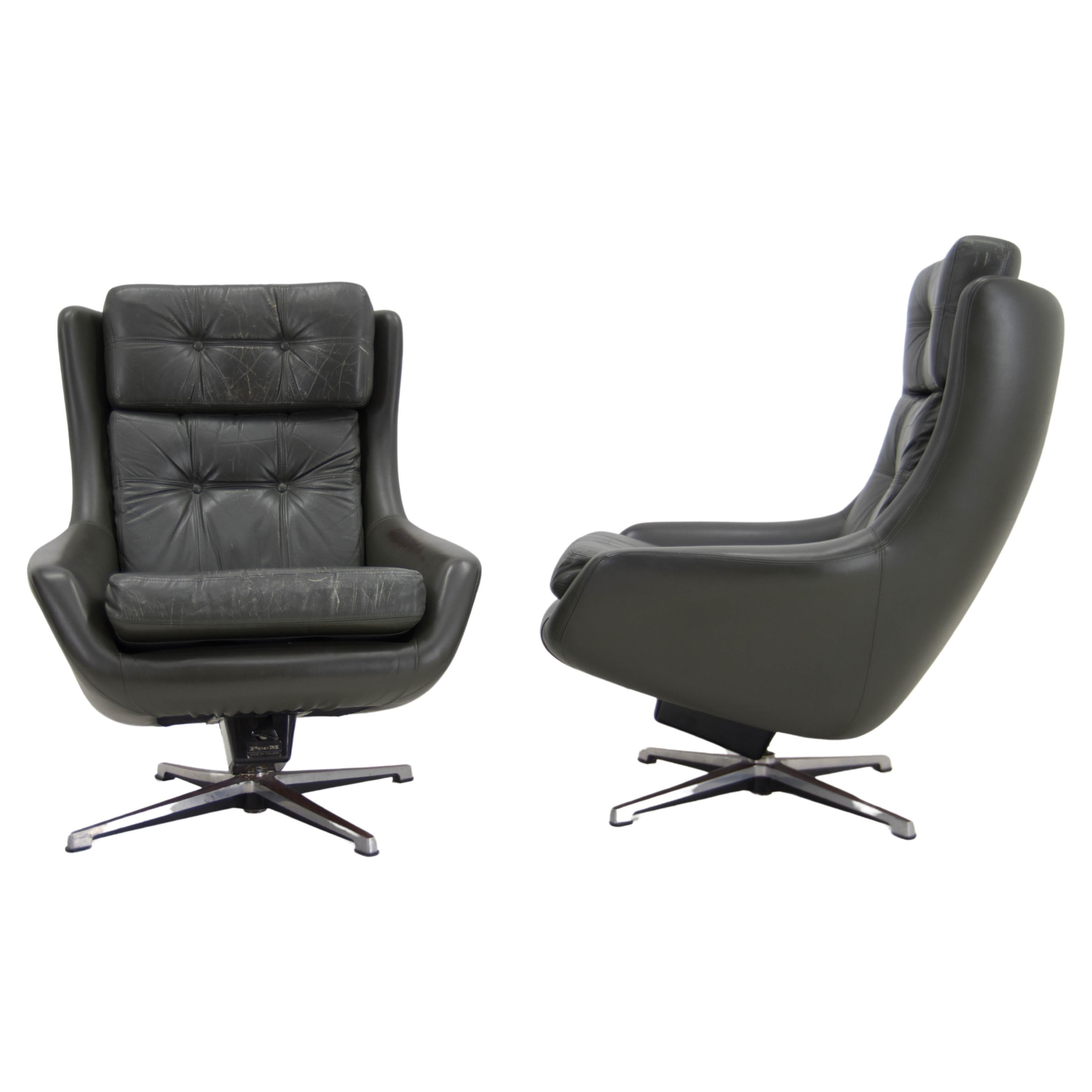 Set of Two Midcentury Swivel Rocking Leather Armchairs, Peem, Finland, 1970s