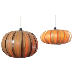 Set of Two Midcentury Veneer Pendants, Denmark, 1960s