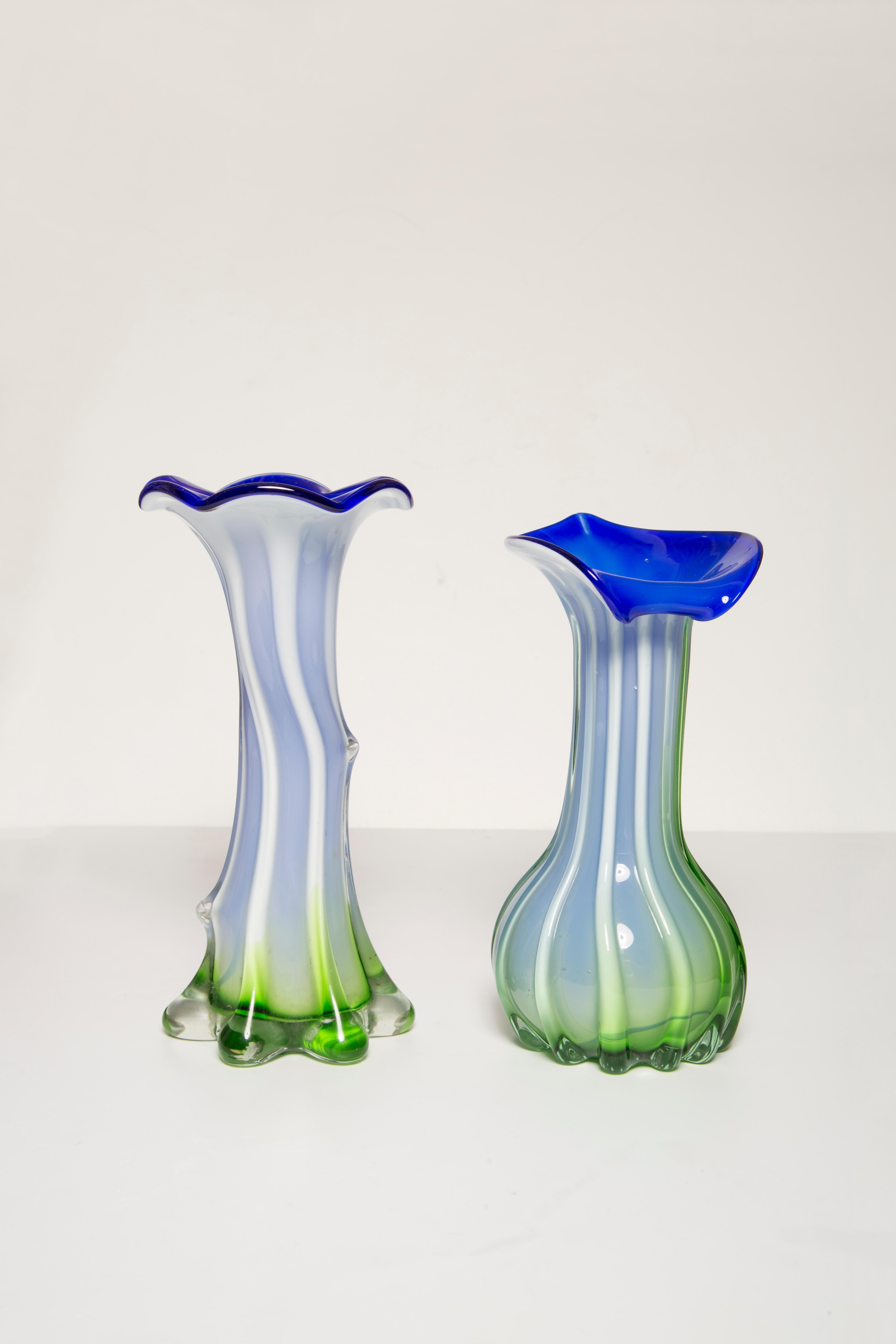 20th Century Set of Two Midcentury Vintage Green and Blue Murano Vases, Italy, 1960s