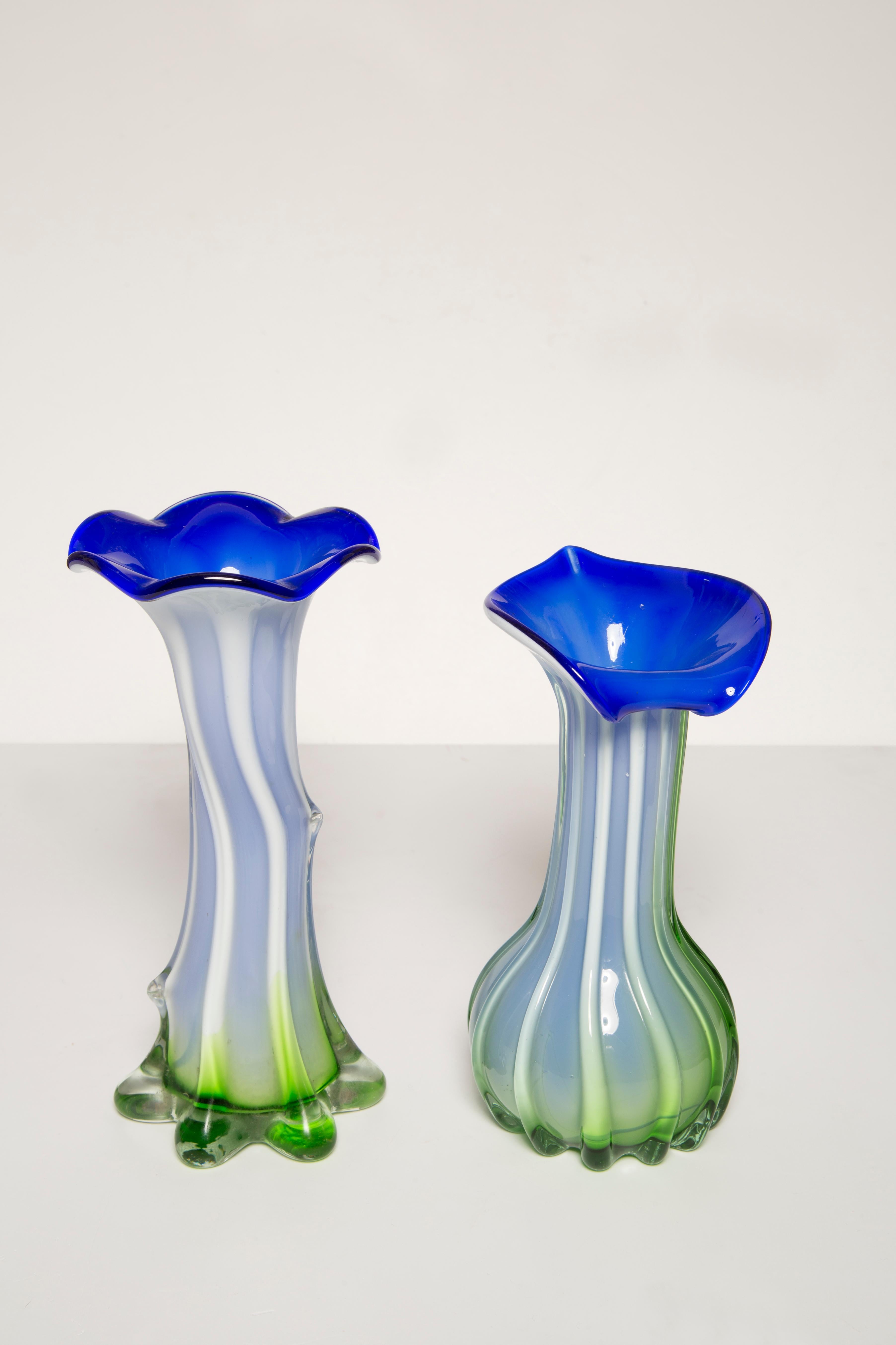 Glass Set of Two Midcentury Vintage Green and Blue Murano Vases, Italy, 1960s