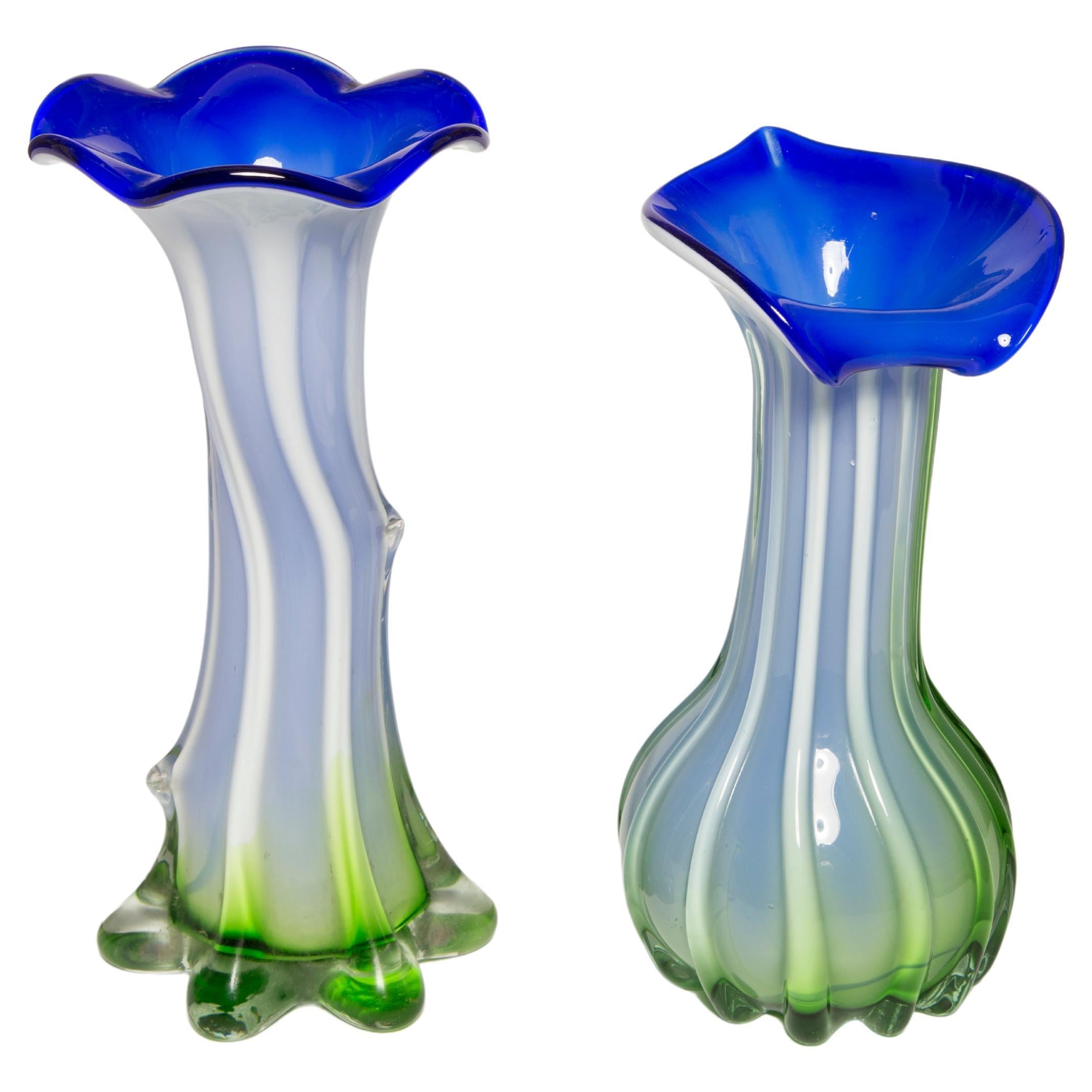 Set of Two Midcentury Vintage Green and Blue Murano Vases, Italy, 1960s For Sale
