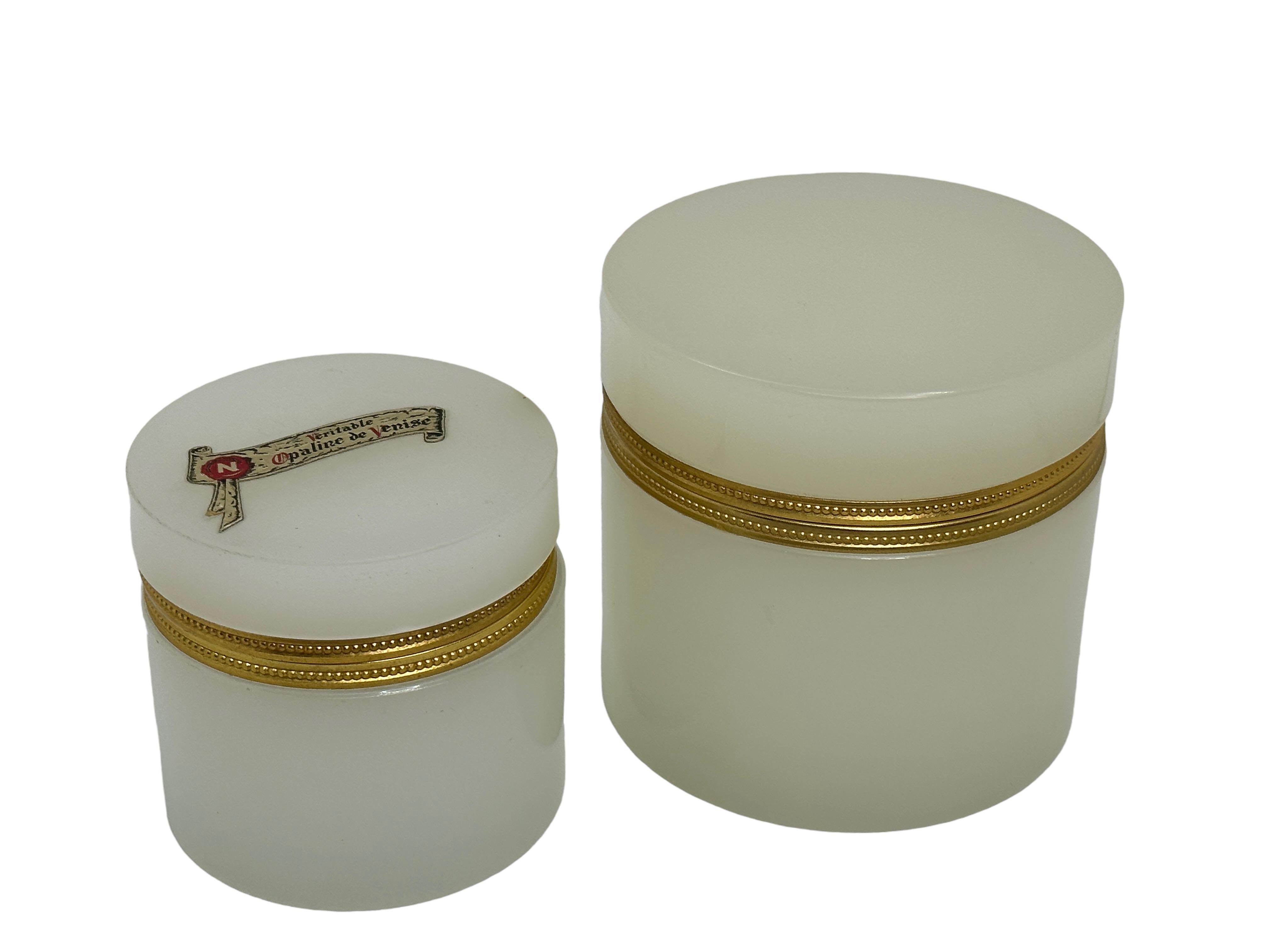 Empire Set of Two Midcentury White Opaline Cenedese Glass Box with Bronze Mounts Italy For Sale
