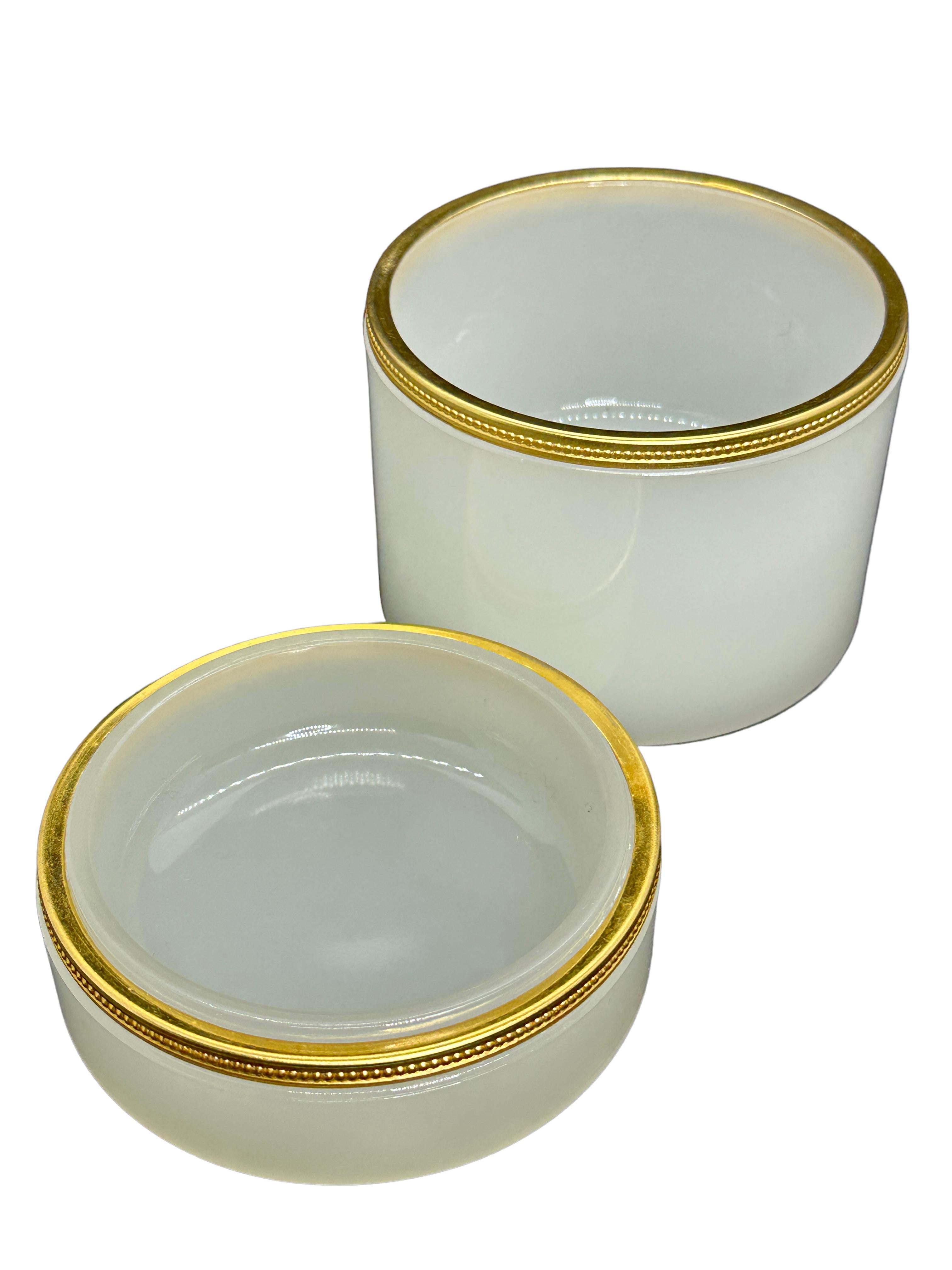 Set of Two Midcentury White Opaline Cenedese Glass Box with Bronze Mounts Italy For Sale 2