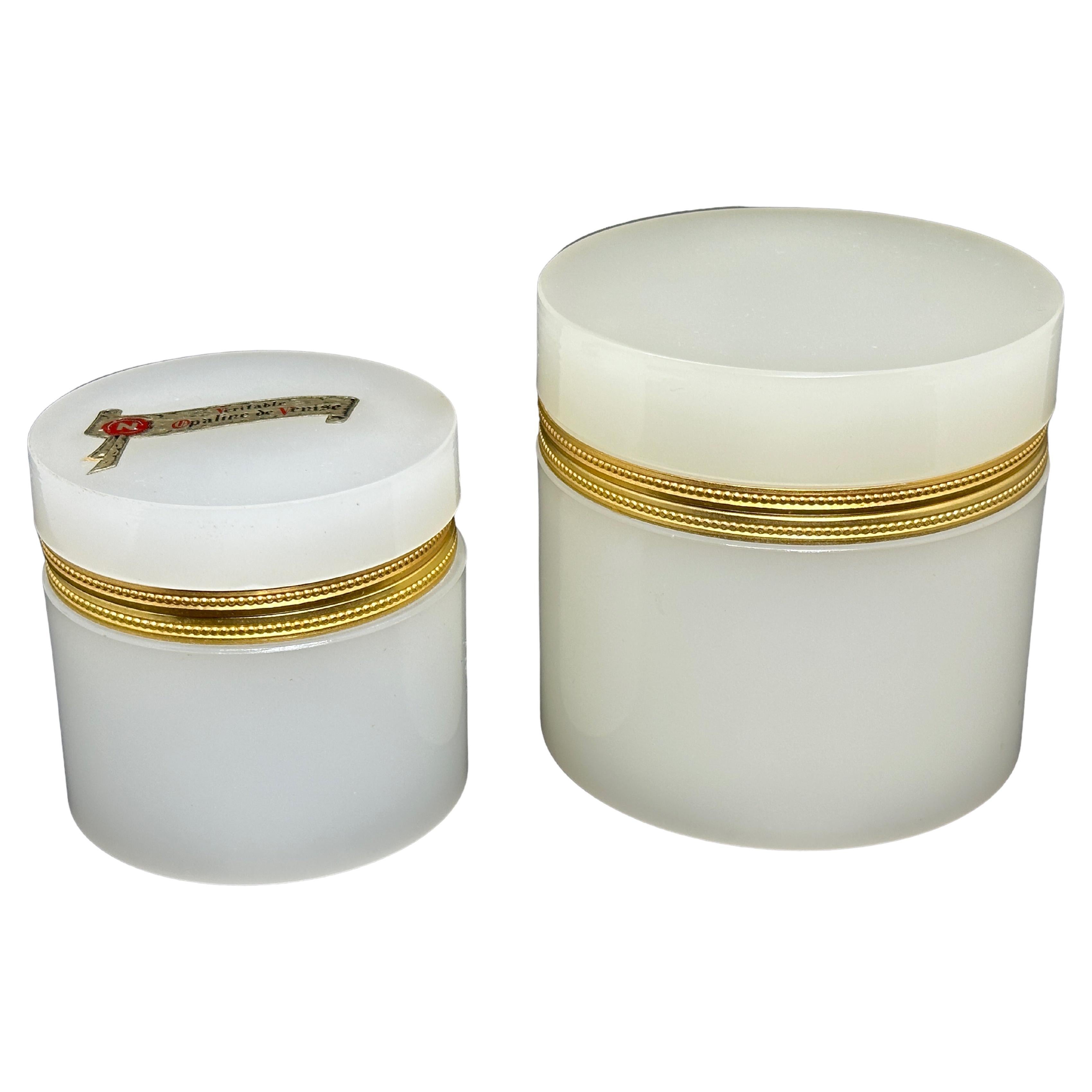 Set of Two Midcentury White Opaline Cenedese Glass Box with Bronze Mounts Italy