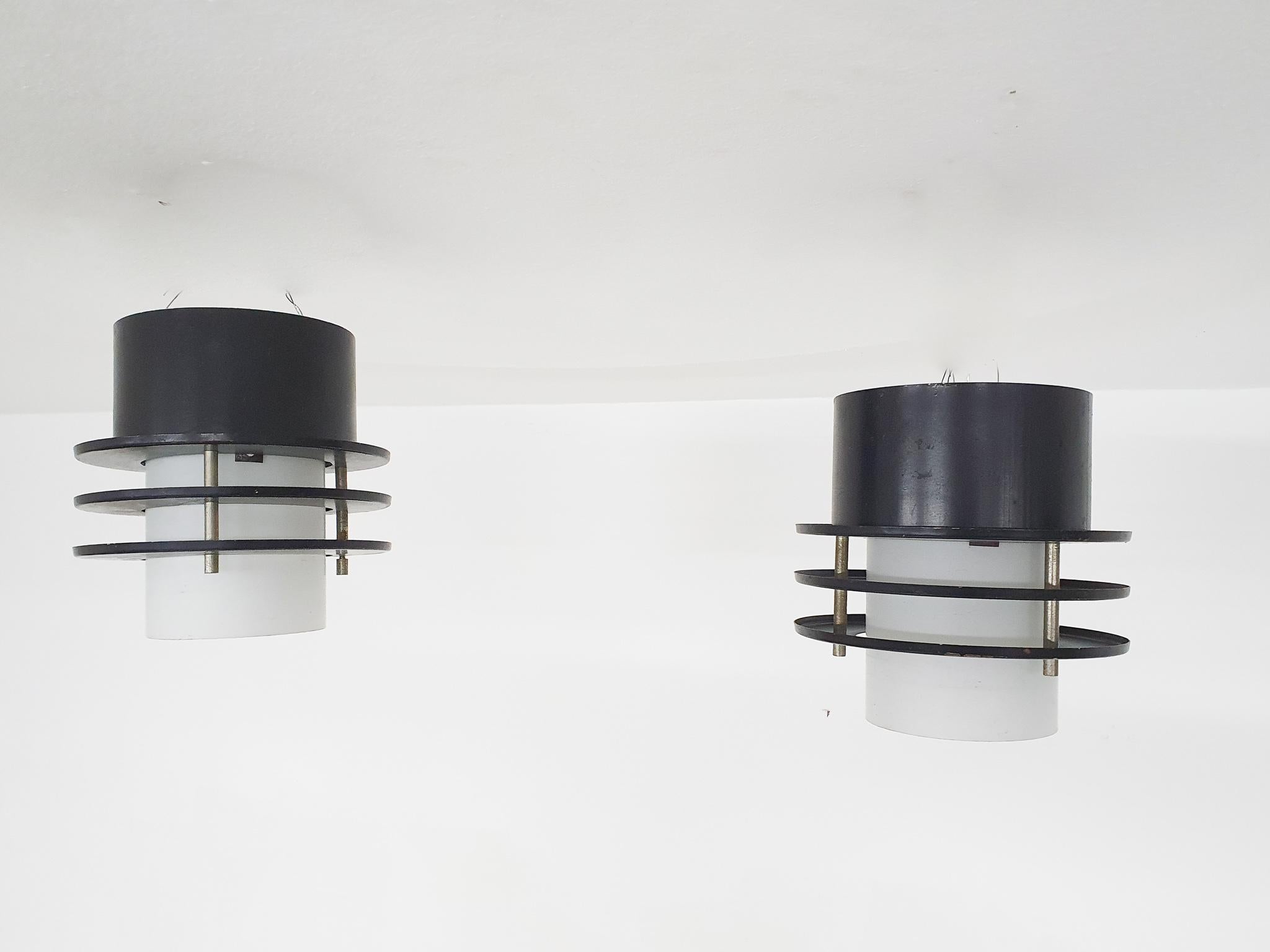 Set of Two Minimalistic Ceiling Lights in Glass and Metal, the Netherlands '60s In Good Condition For Sale In Amsterdam, NL