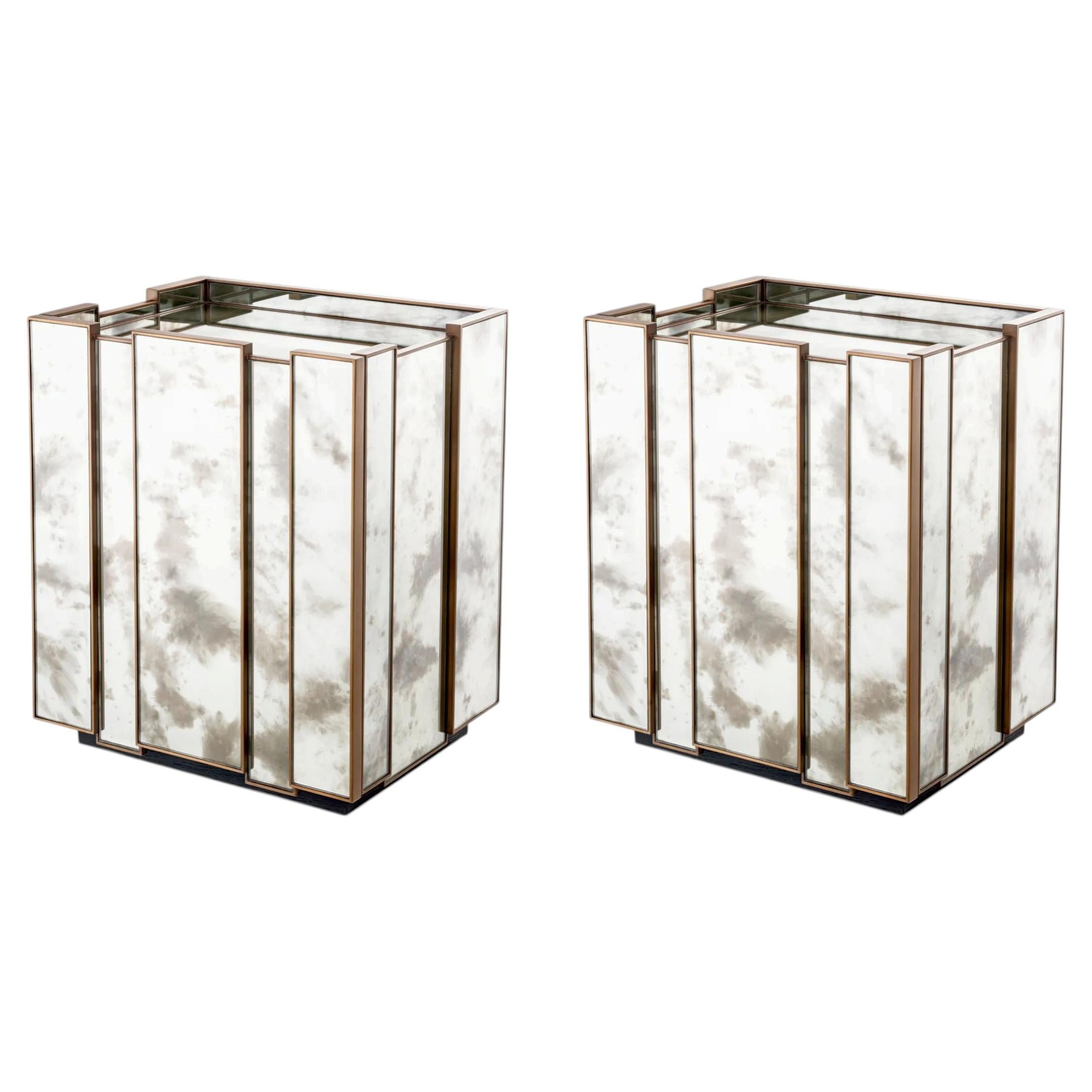 Set of Two Mirror Nightstand with Brushed Brass Finish