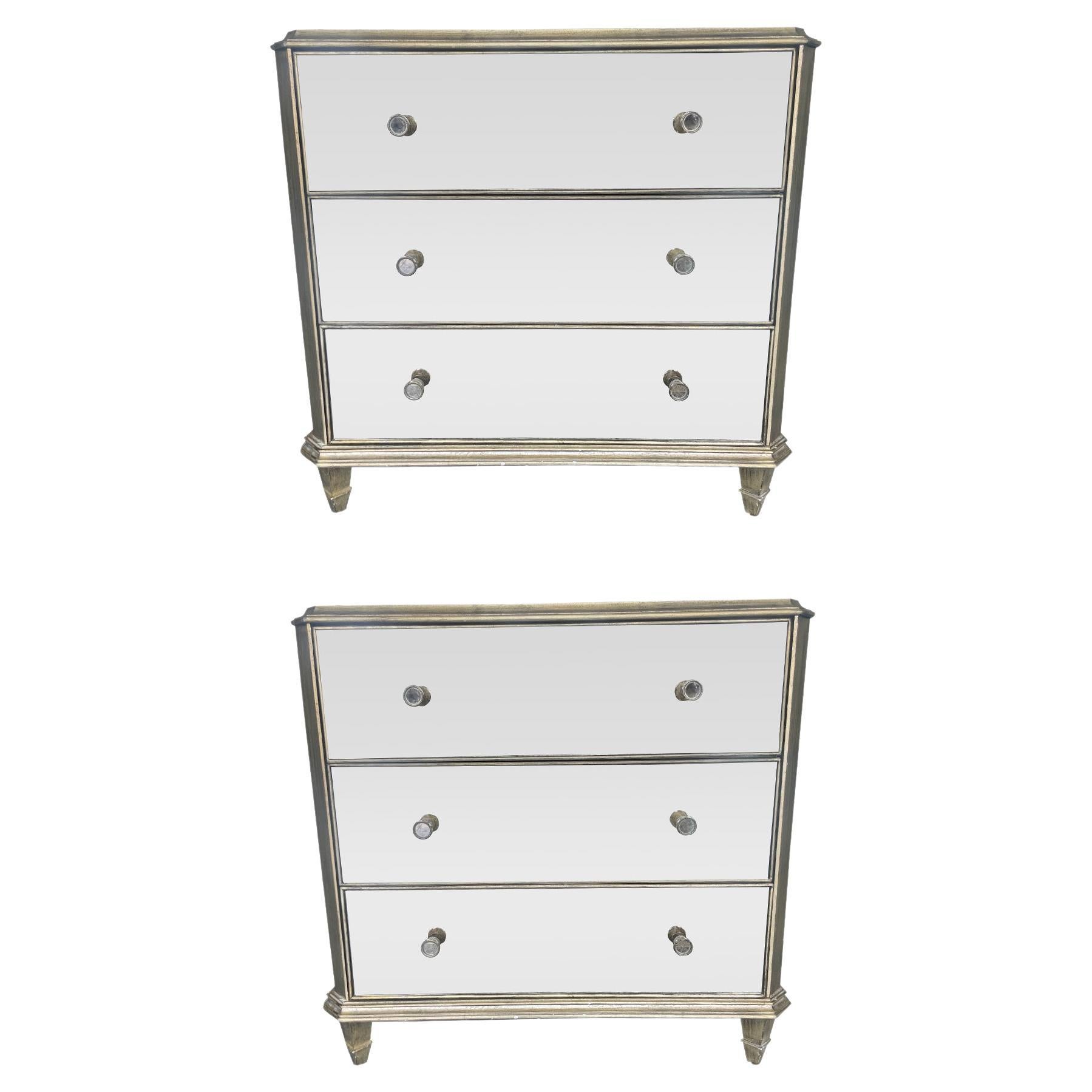 Set of Two Mirrored Glass Three Drawer Nightstands or Chests For Sale