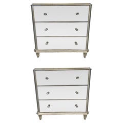 Set of Two Mirrored Glass Three Drawer Nightstands or Chests