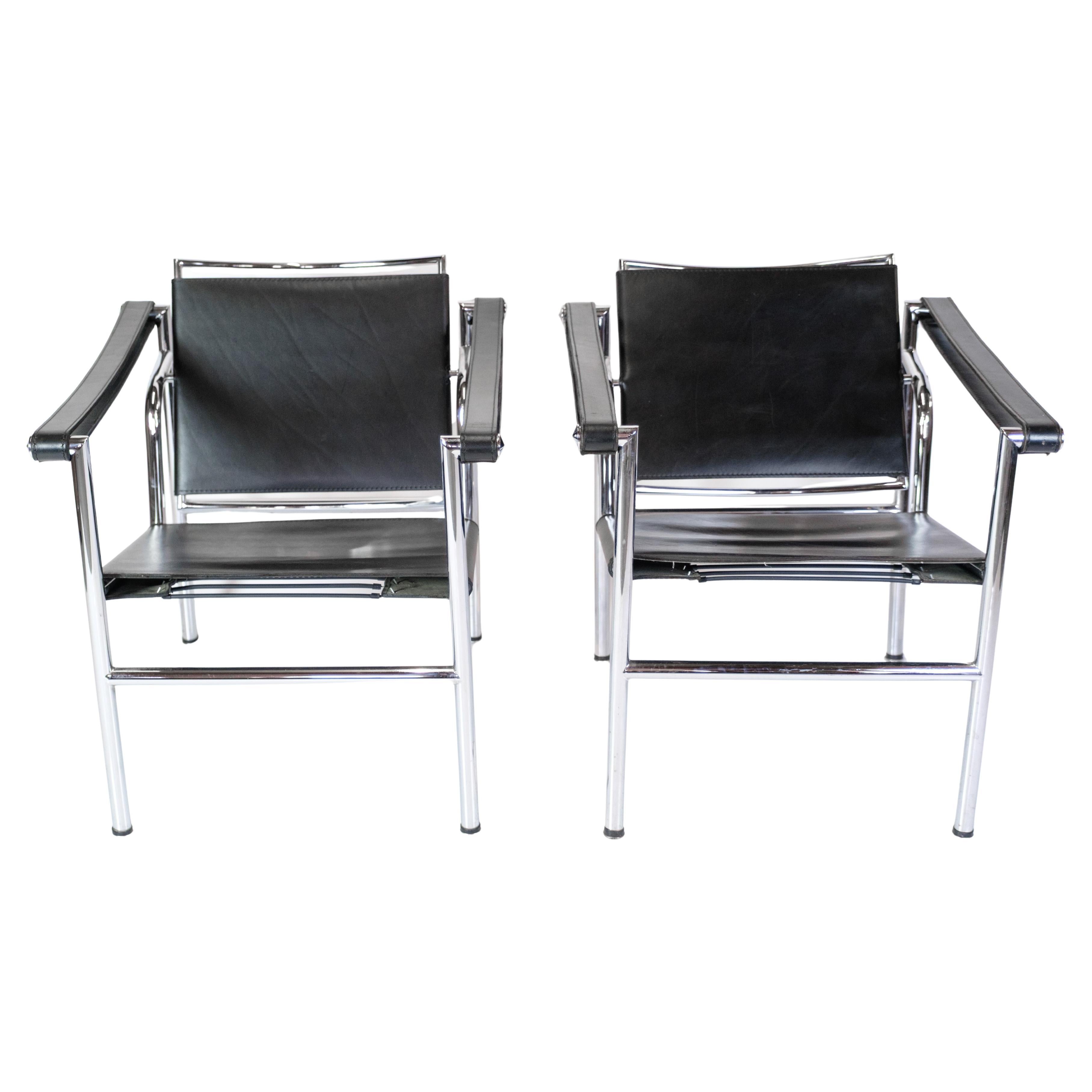 Set Of Two Model Lc1 Armchairs In Black Leather By Le Corbusier
