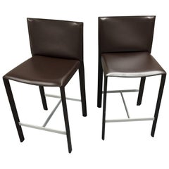Set of Two Modern Italian Leather Counter Stools Dark Brown