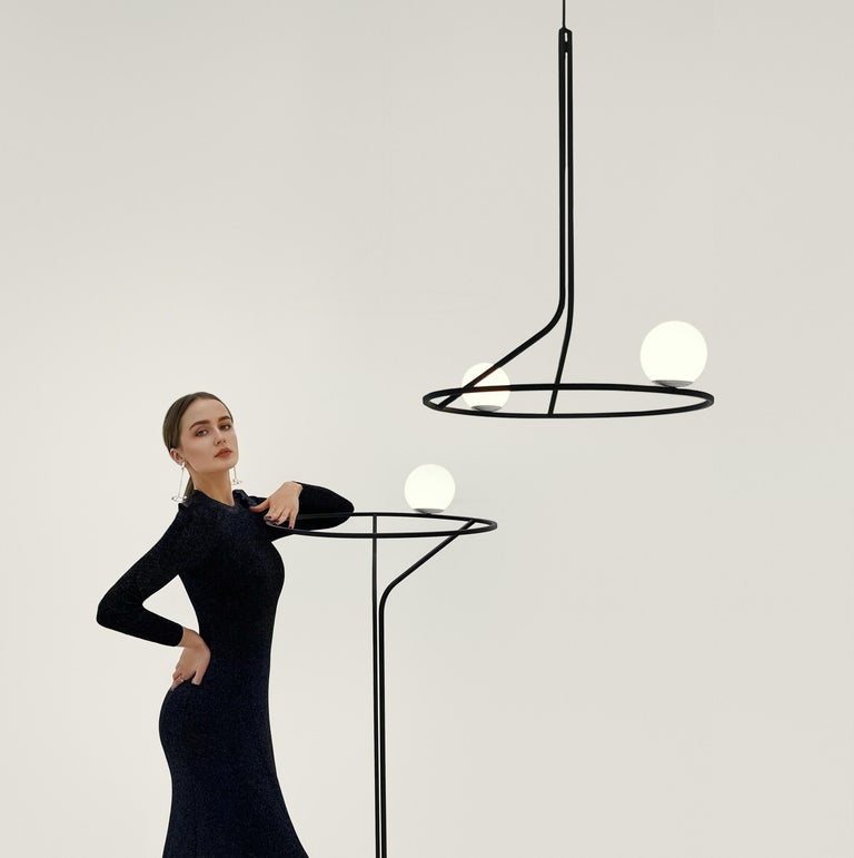 Na Linii lighting by Svitanok

Category: Lighting
Type: Pendant, floor lamp
Material: Steel rods, frosted glass, textile cable
Overall dimensions: pendant 730 x 550 mm / floor lamp 1450 x 550 mm
Light source: G9, 110-220V
Available in different