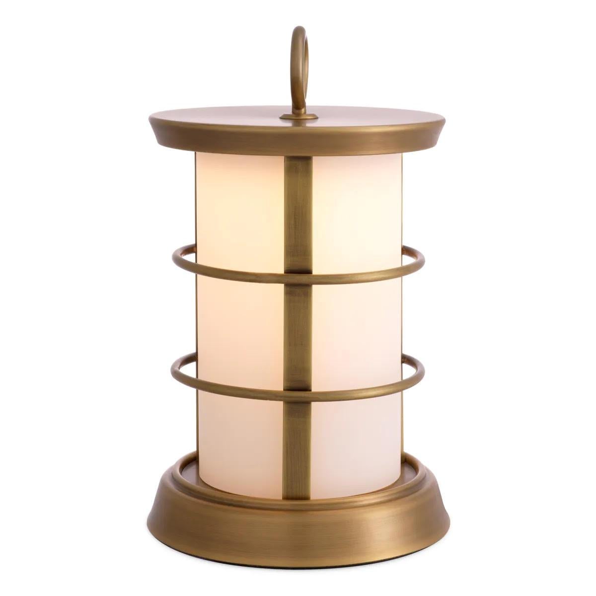 Contemporary Set of Two Modern Outdoor Table Lamps, S Model, Antique Brass Finish. For Sale