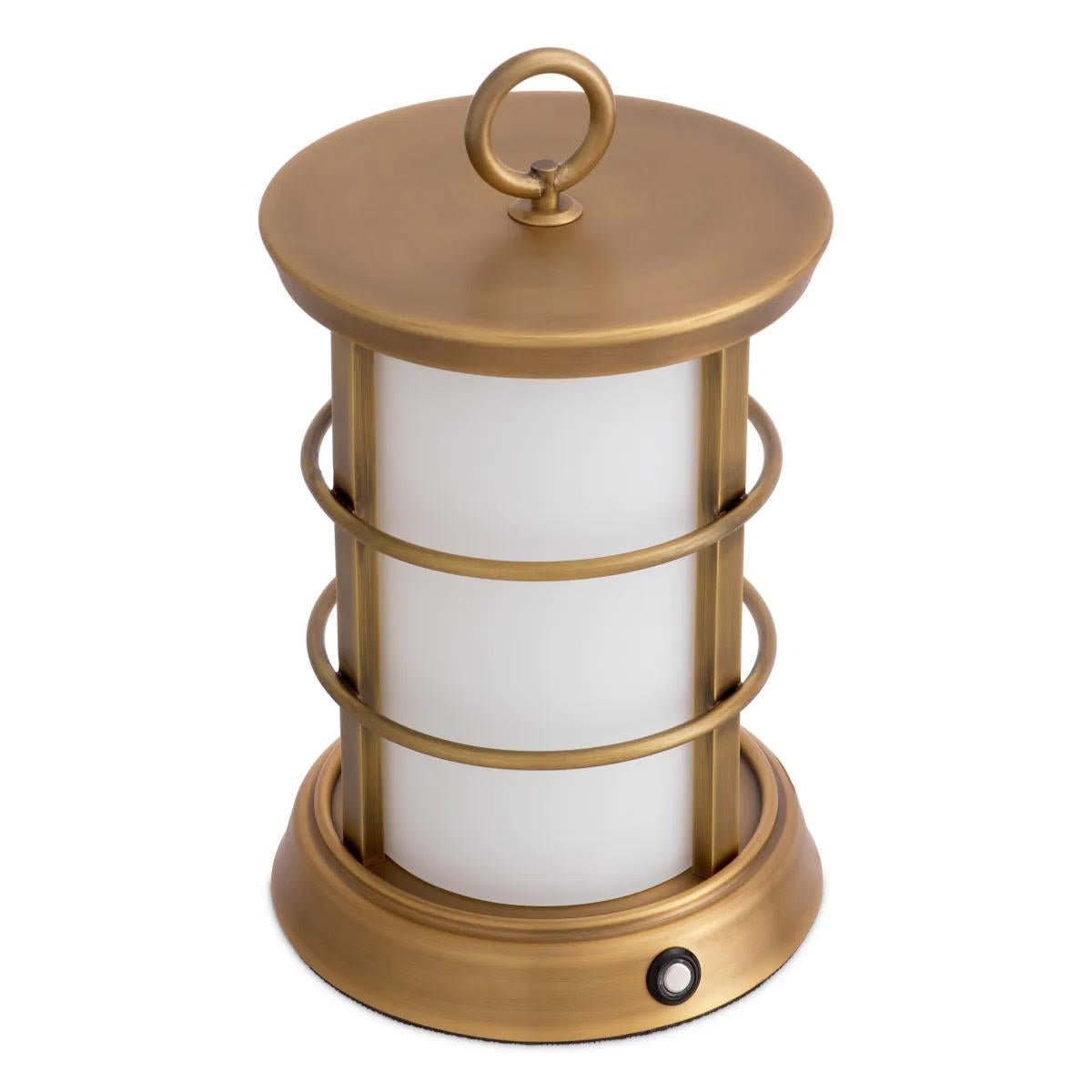 Glass Set of Two Modern Outdoor Table Lamps, S Model, Antique Brass Finish. For Sale