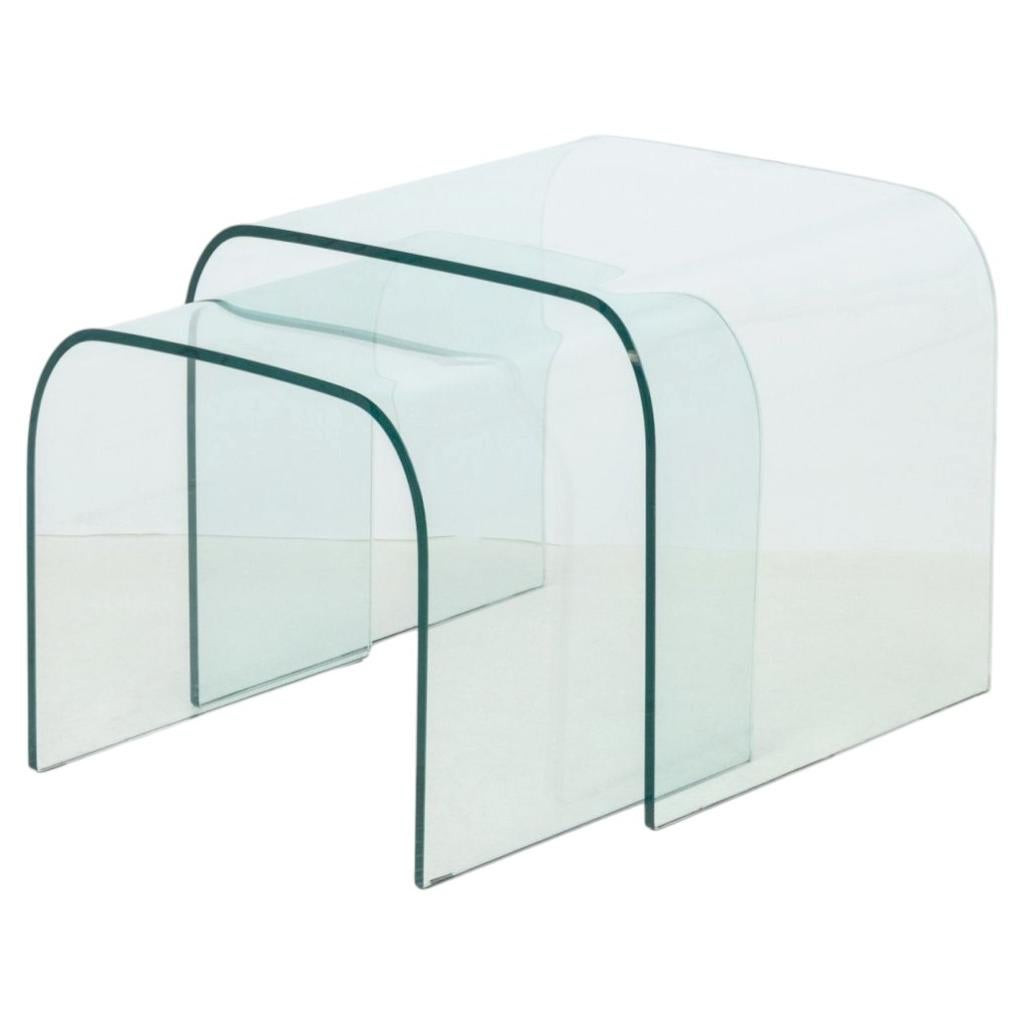 Set of Two Modern Waterfall Glass Nesting Side Tables For Sale