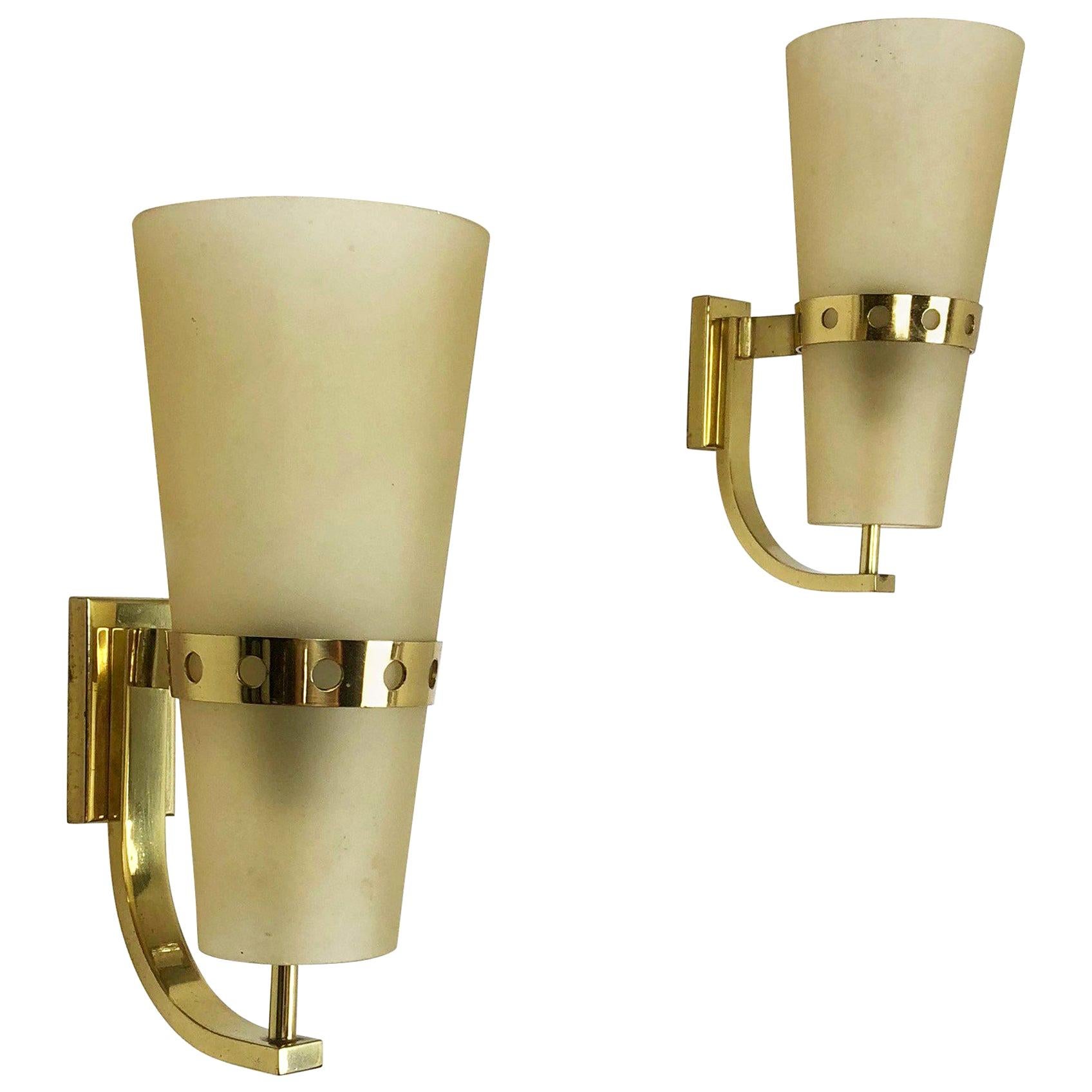Set of Two Modernist Brass Italian Wall Lights Sconces, Italy, 1950s