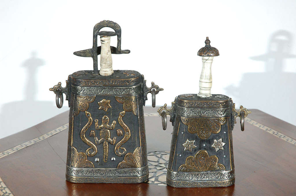 Antique Moroccan Decorative Bottle. Destined to be a conversation piece no matter where you place it, this is another of those rare items you'll only find at Mosaik.
Moroccan Antiques, Decorative Case Flask, wood covered with Brass and Silver