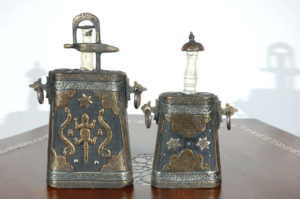 Set of Two Moroccan Antique Tribal Powder Case Flasks In Good Condition For Sale In North Hollywood, CA