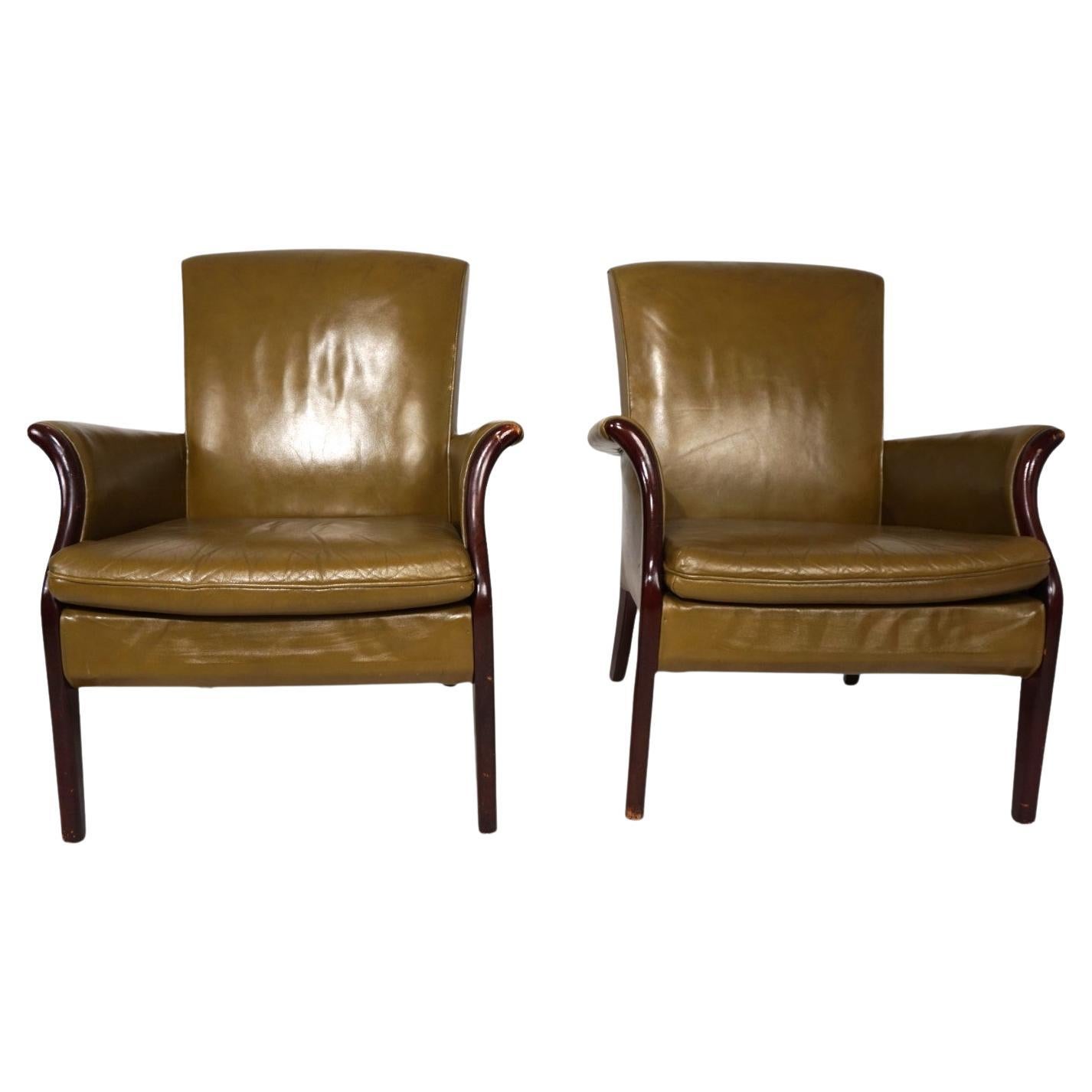 Set of two moss green Froxfield leather armchairs by Parker Knoll, 1960