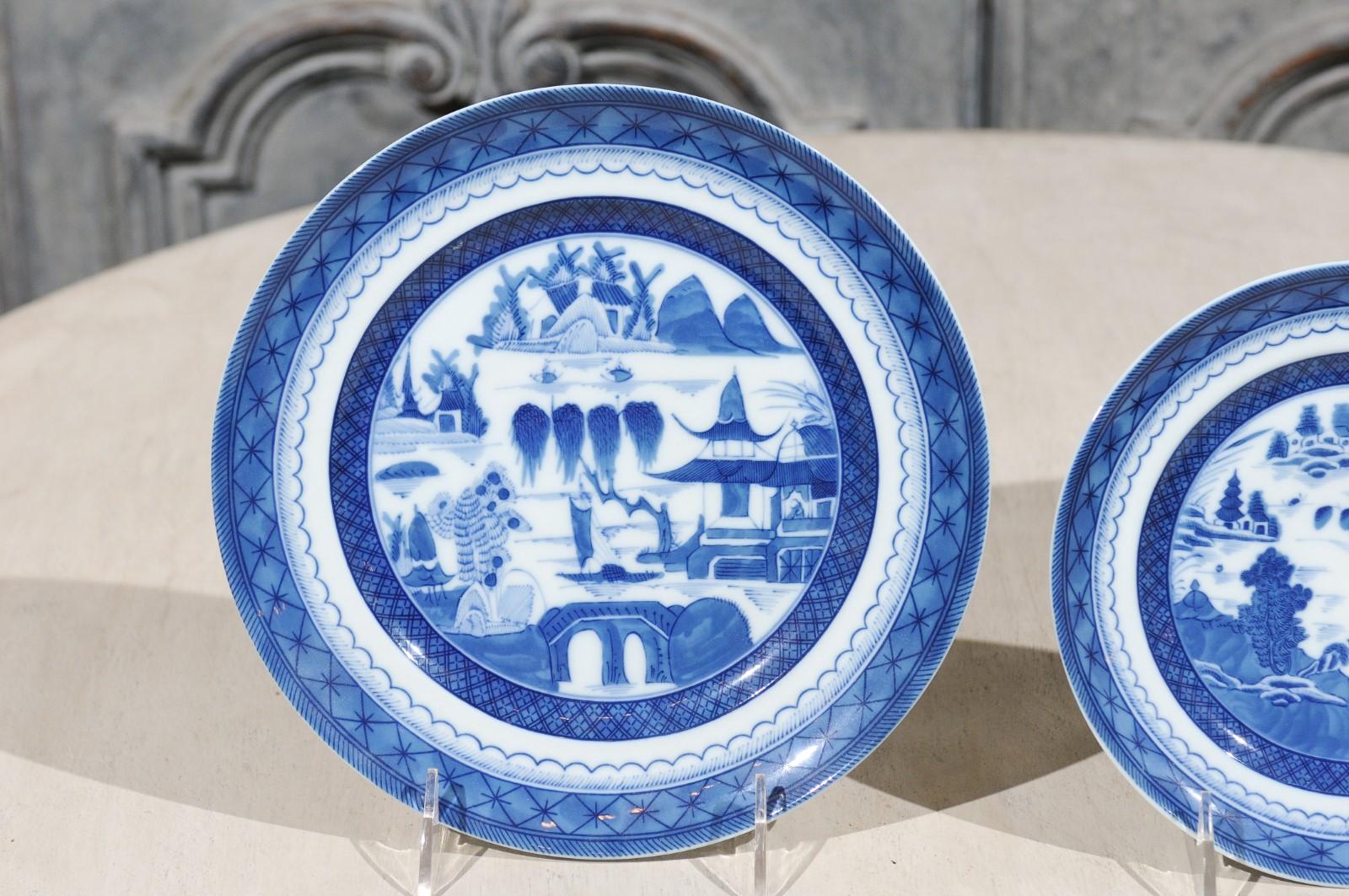 Set of Two Mottahedeh Chinoiserie Blue Canton Plates with Landscape Scenes 1