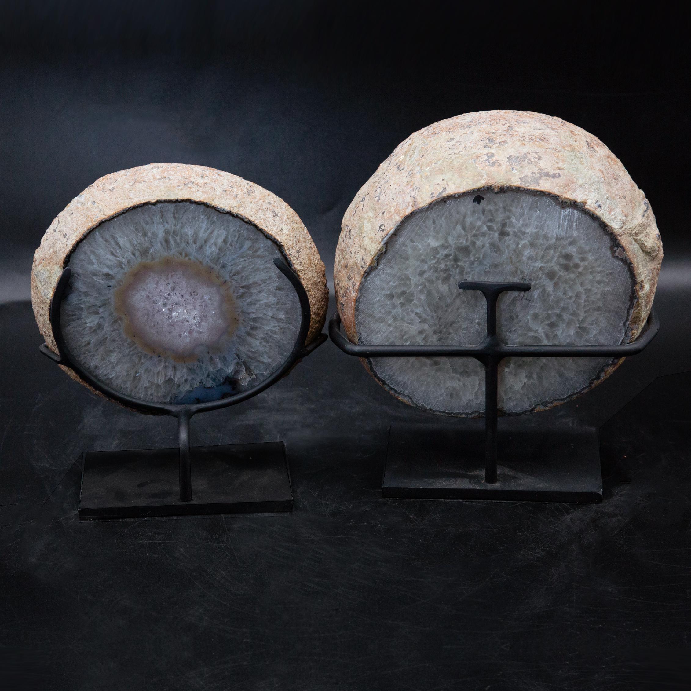 Contemporary Set of Two Mounted Geodes, Pot and Lid