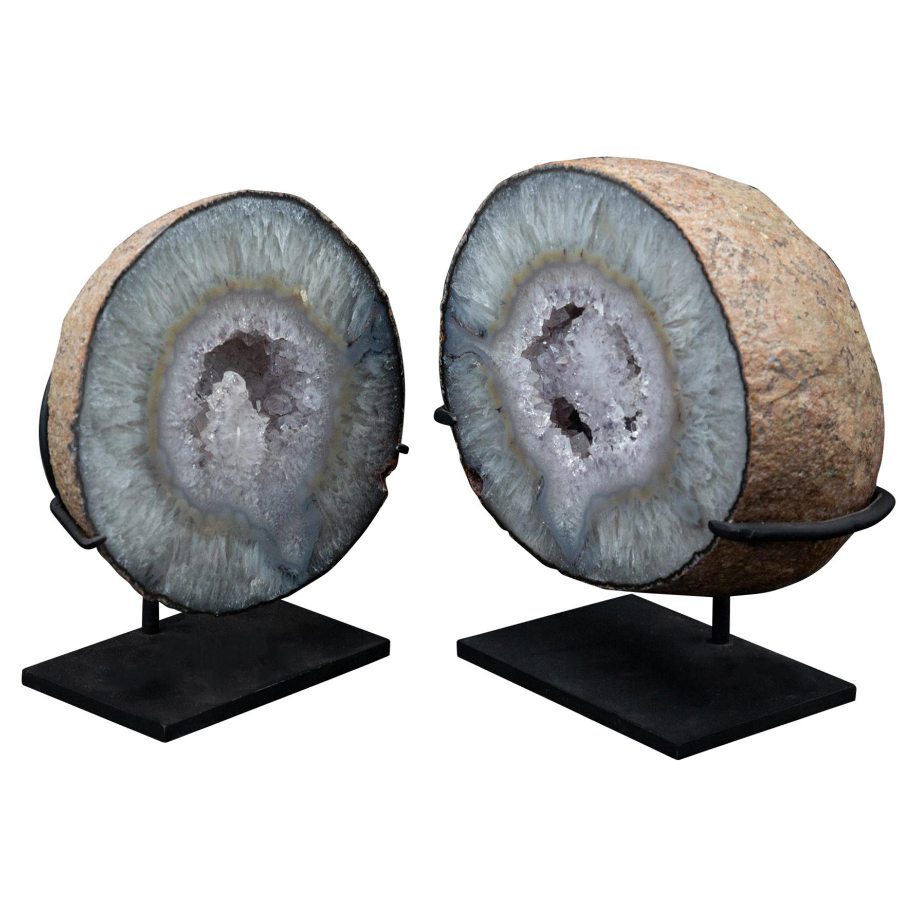 Set of Two Mounted Geodes, Pot and Lid