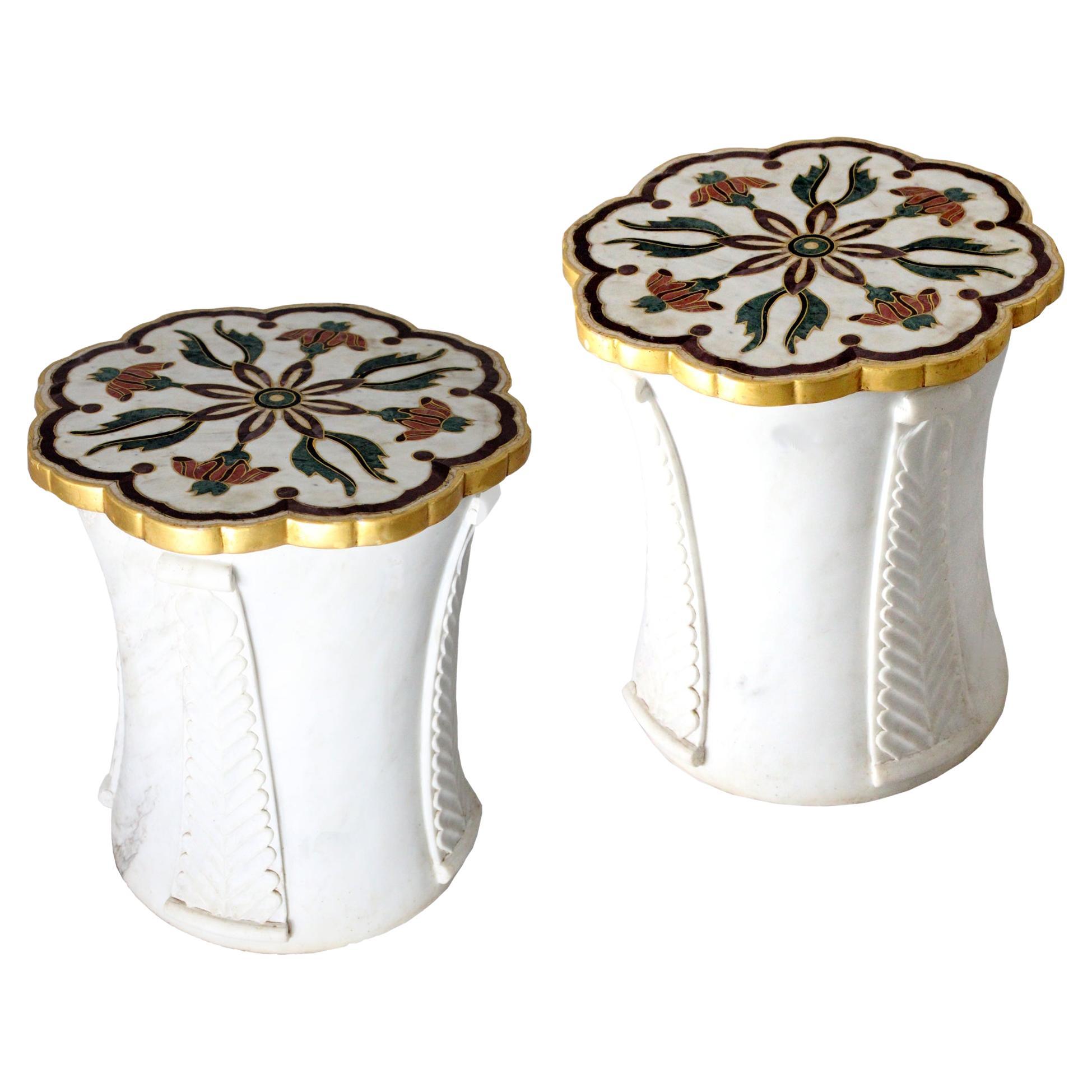 Set of Two Mughal Side Tables in White Marble by Paul Mathieu For Sale