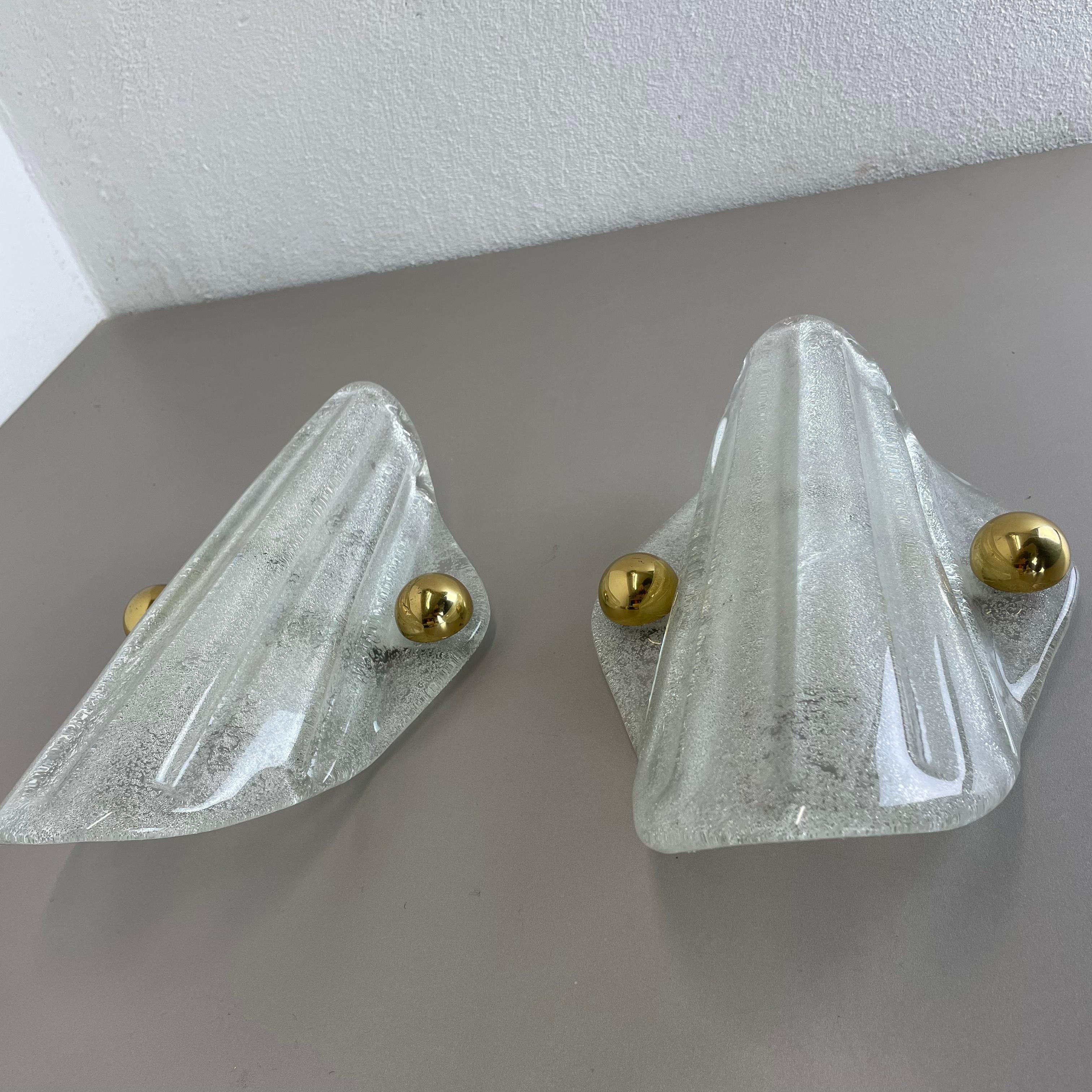 Metal Set of Two Murano Ice Glass Wall Light Sconces Hillebrand Leuchten Germany, 1970