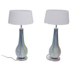Set of Two Murano Multi Colored Opaline Table Lamps designed by Barbini, 1980s