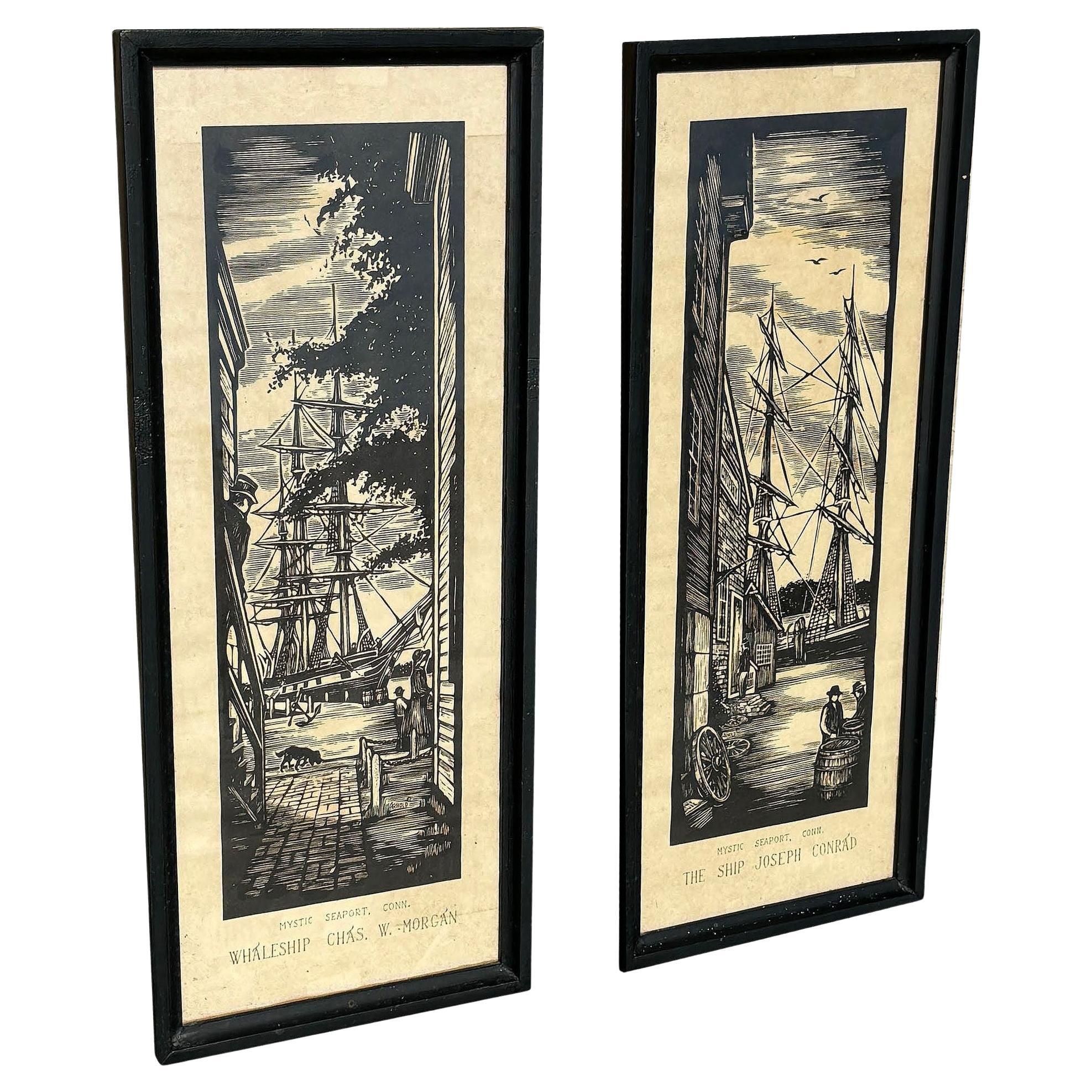 Set of two Mystic Seaport Whaling Woodblock Prints by James Arnold