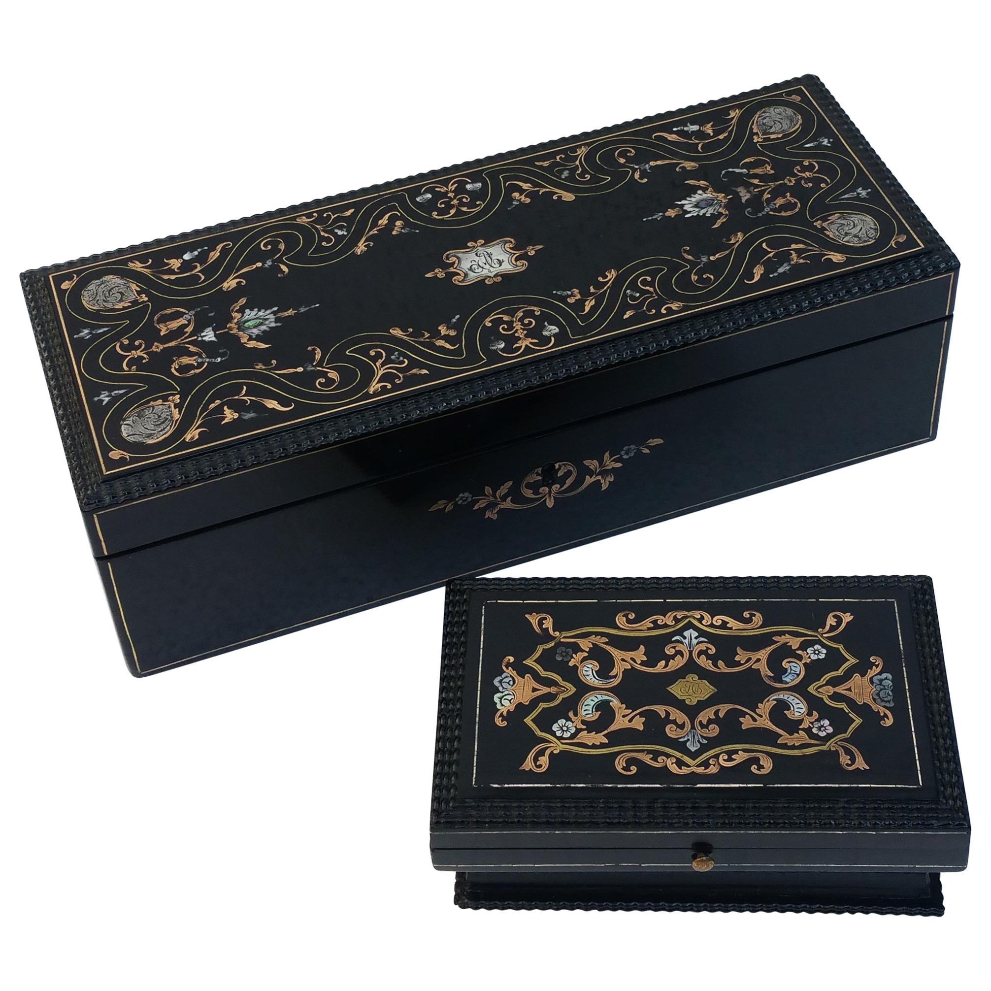 Set of Two Napoleon III Jewelry and Pill Boxes in Boulle Style, France