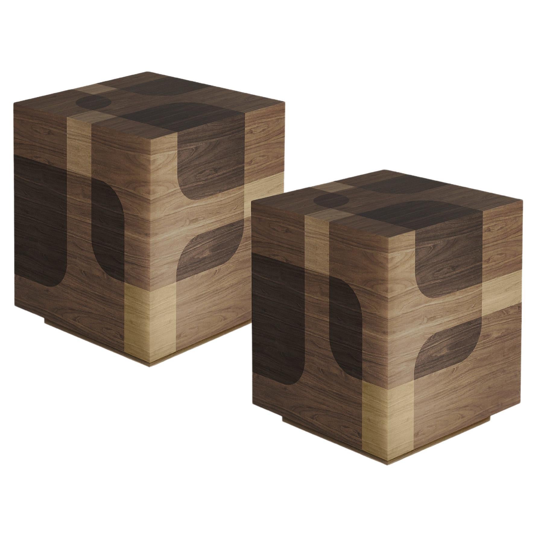 Set of 2 Bodega Side Tables Nightstands in Warm Wood Marquetry by Joel Escalona For Sale