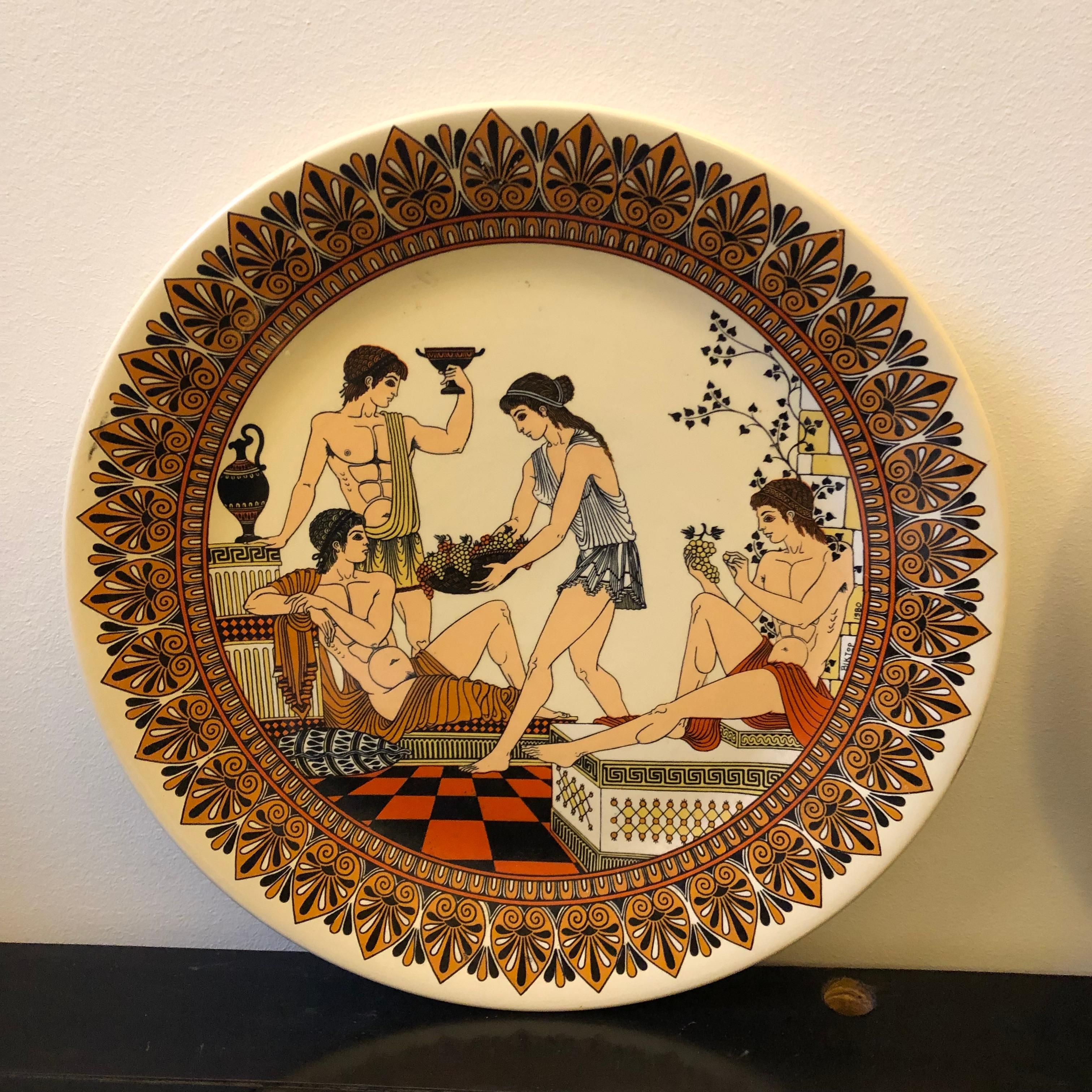 Hand-Painted Set of Two Neoclassical Ceramic Greek Mural Plates