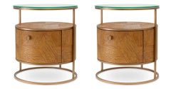 Set Of Two Nightstand In Caramel Carved Oak Veneer And Brushed Brass