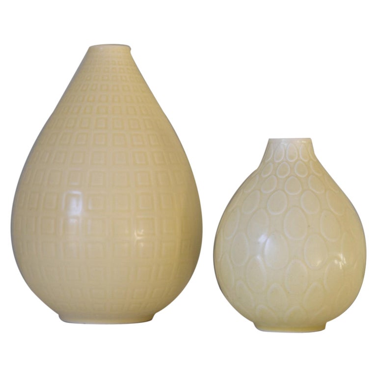 Set of Two Nils Thorsson Yellow Faience Marselis Vase Aluminia Royal  Copenhagen For Sale at 1stDibs