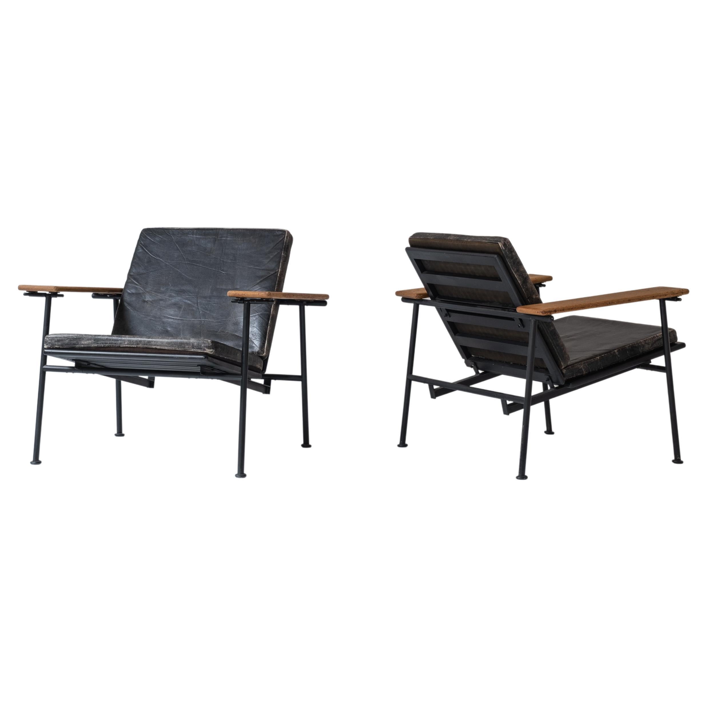 Set of Two Oak and Leather Modernist Easy Chairs from, 1970s at 1stDibs
