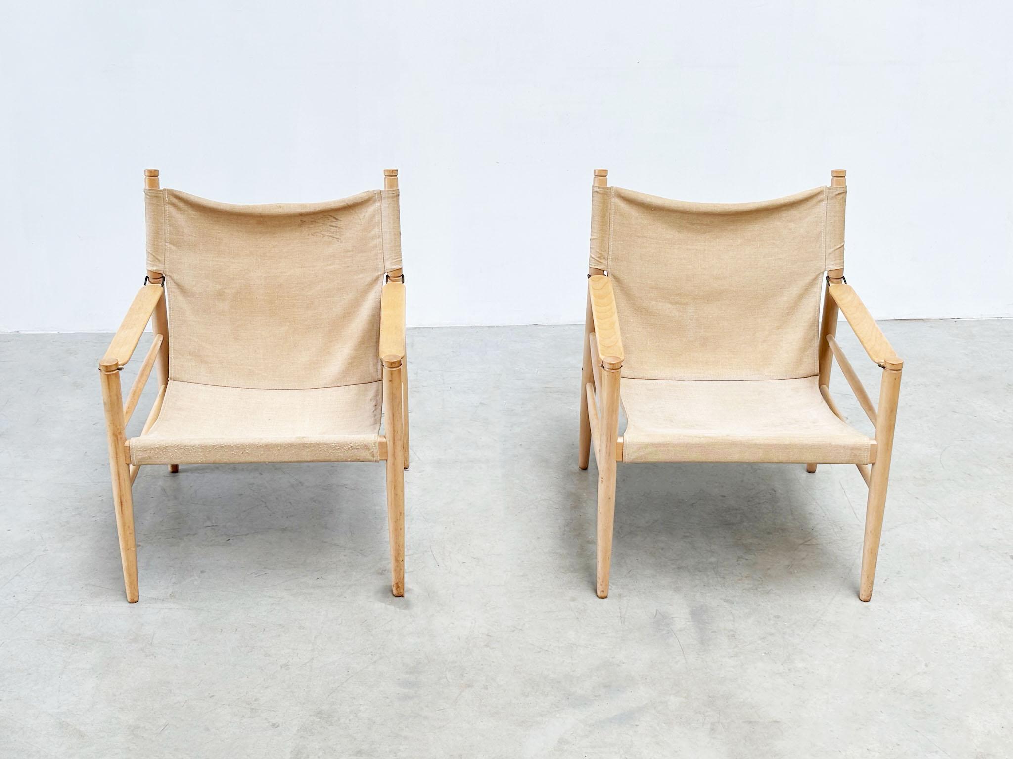 French Set of two oak and linnen safari chairs