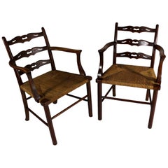 Set of Two Oak Dining Armchairs, Woven Rush Seat, circa 1900