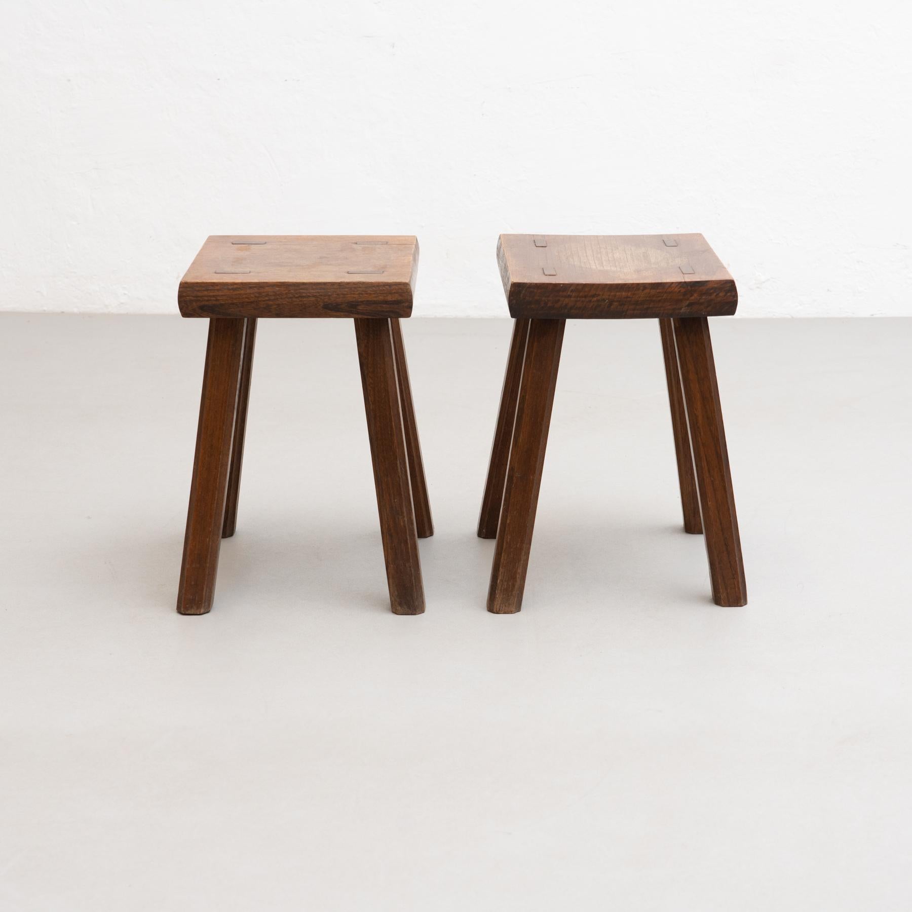 Set of two oak wood stools in style of Pierre Chapo.

Manufactured in France, circa 1960.

Material:
Solid oakwood.

Pierre Chapo is born in a family of craftsmen. After his regular studies, he worked in the workshop of a navy carpenter. He