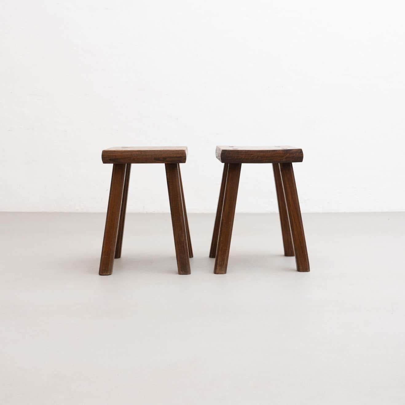 Mid-Century Modern Set of Two Oak Stools in Style of Pierre Chapo, circa 1960 For Sale
