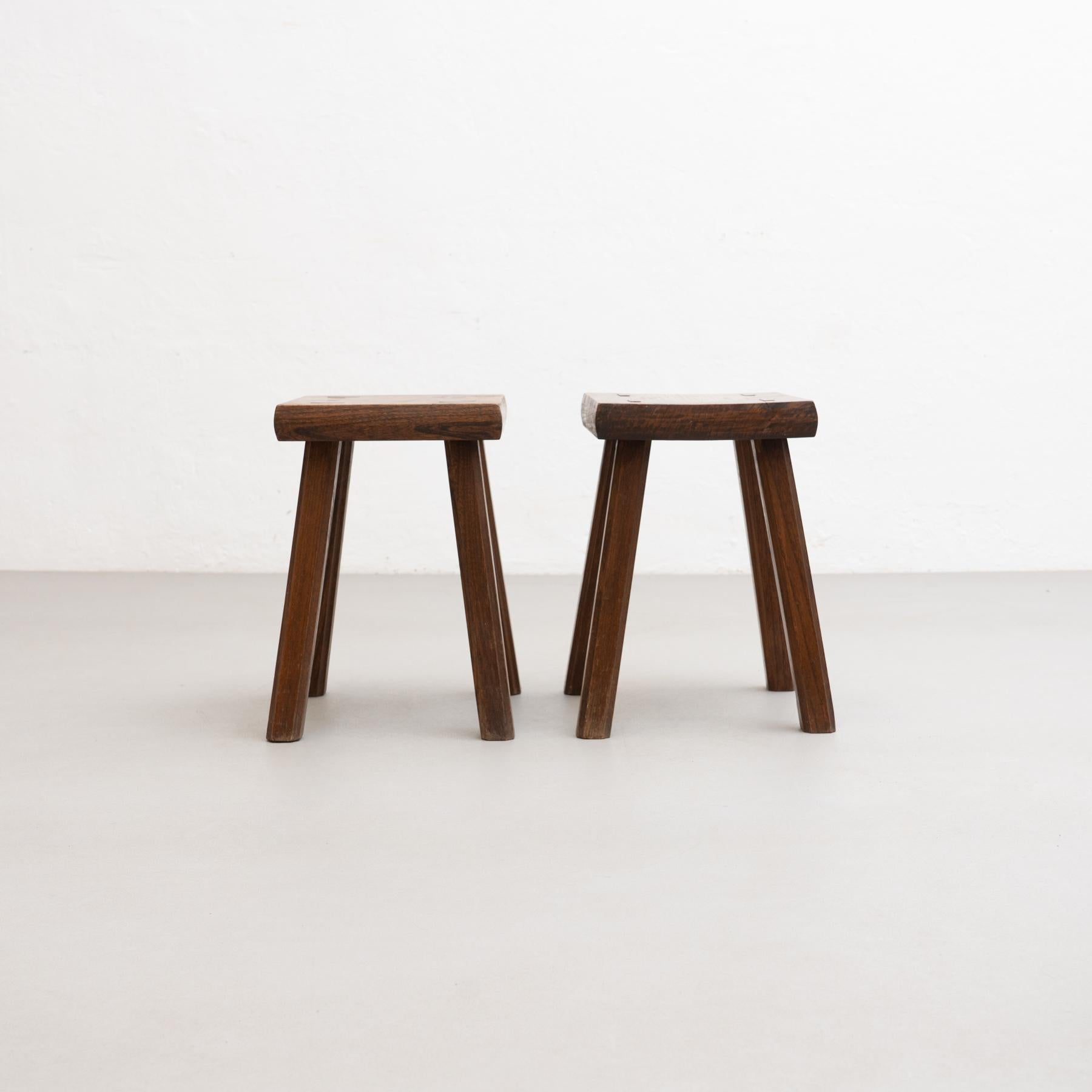 Mid-Century Modern Set of Two Oak Stools in Style of Pierre Chapo, circa 1960