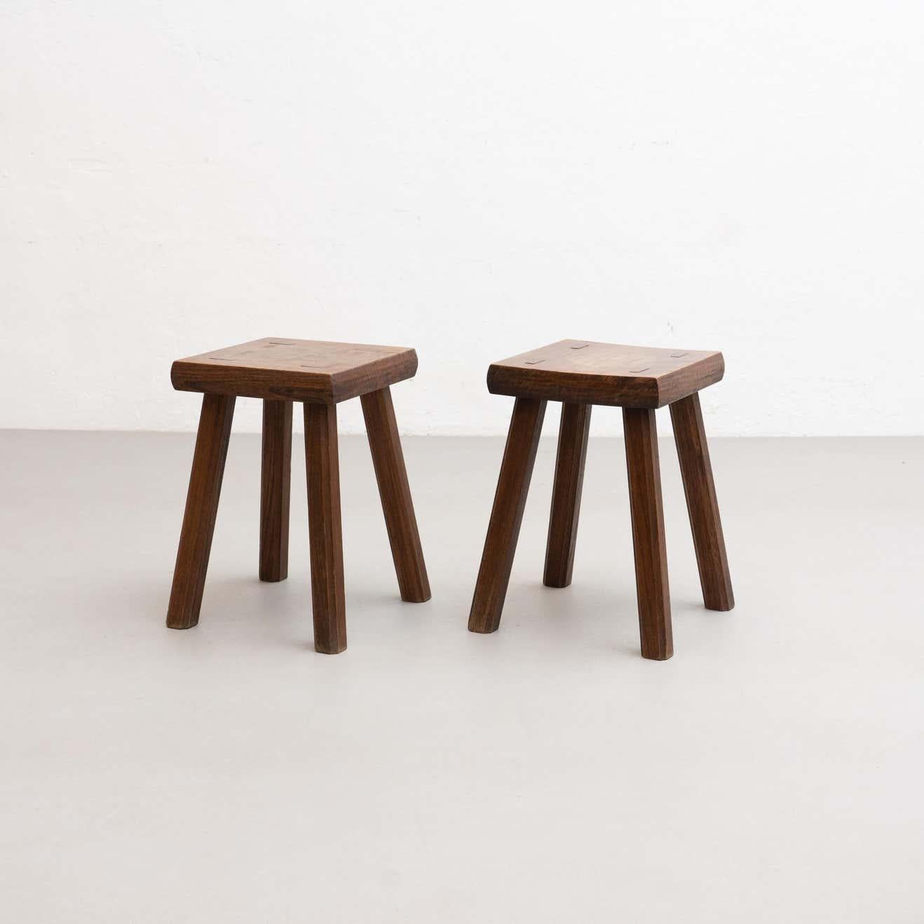Set of Two Oak Stools in Style of Pierre Chapo, circa 1960 For Sale 1