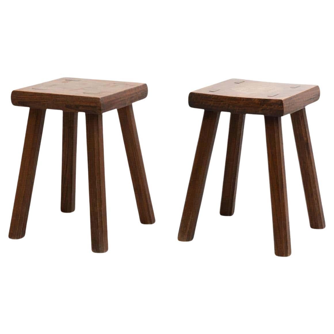 Set of Two Oak Stools in Style of Pierre Chapo, circa 1960 For Sale