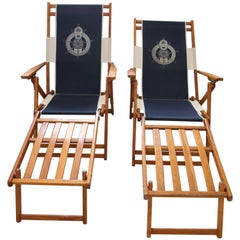 Set of Two Oakwood Deck Chairs with Blue and White Upholstery