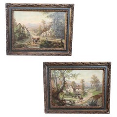Set of Two Oil Paintings on Canvas Country Town