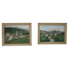 Set di due dipinti a olio su tavola Paesaggi di montagna, firmati