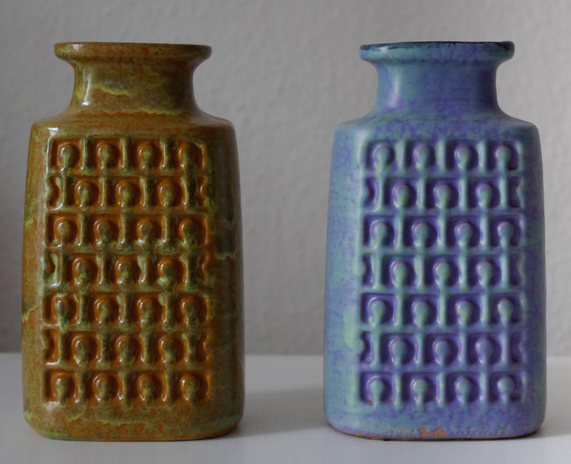 Mid-Century Modern Set of Two Op Art German Pottery Vases Geometric Relief Décor, 1960s
