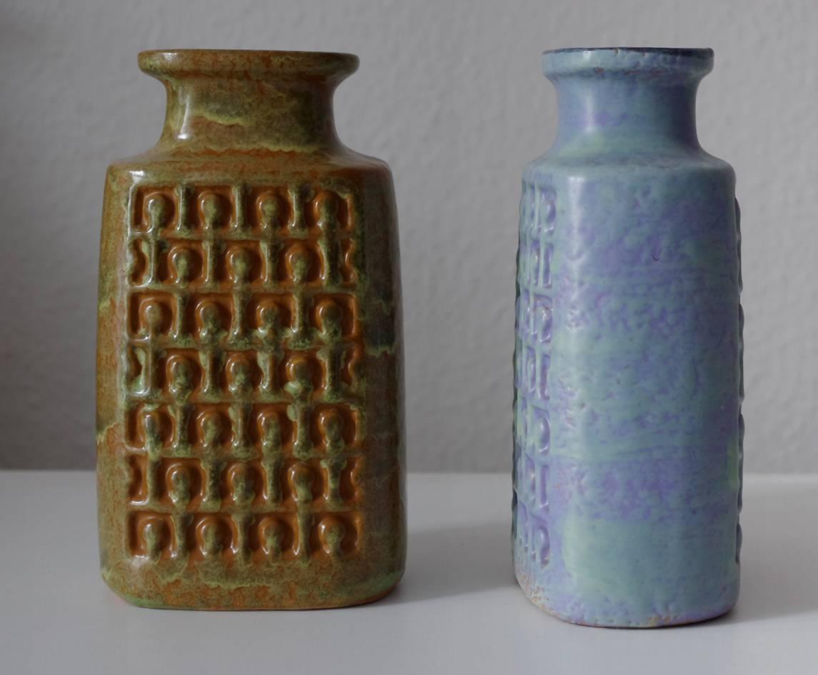 Glazed Set of Two Op Art German Pottery Vases Geometric Relief Décor, 1960s